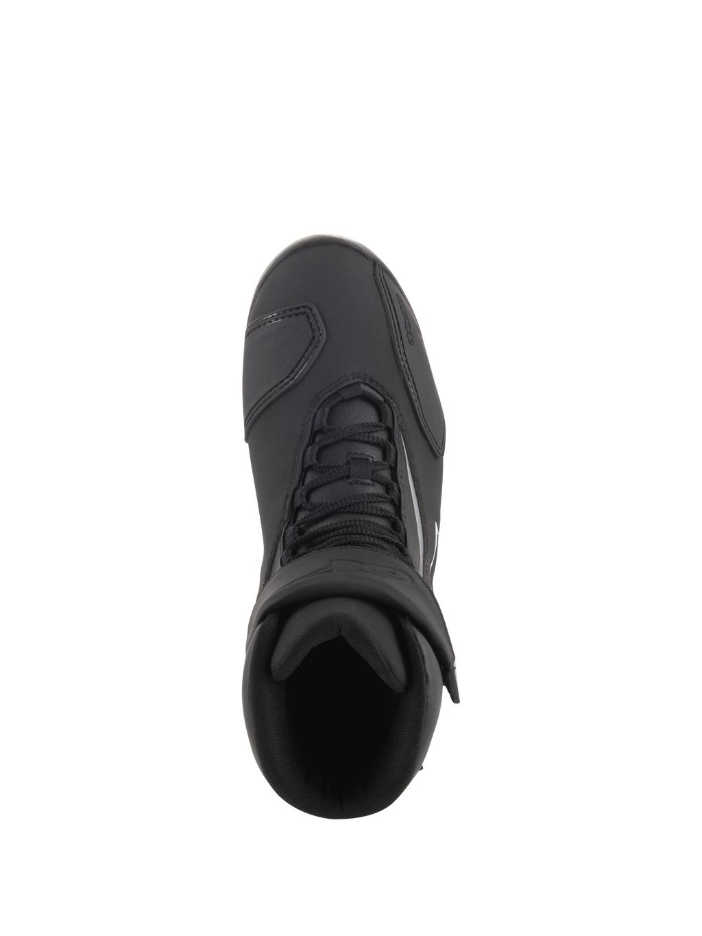 Chaussures imperméables Alpinestars Fastback 2 Drystar®, chaussures de moto, noir et blanc, vue de dessus montrant la fermeture à lacets et la sangle auto-agrippante réglable, chaussures de route imperméables