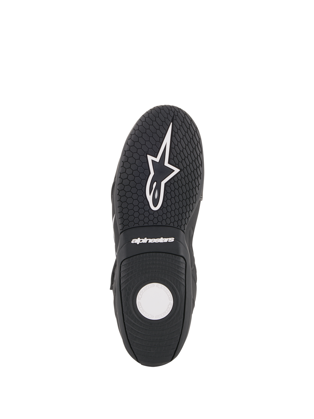 Alpinestars Fastback 2 Drystar® Waterproof, chaussures de moto, noir et blanc, vue de la semelle montrant la semelle extérieure en caoutchouc texturé, motif d'adhérence hexagonal et logo Alpinestars blanc
