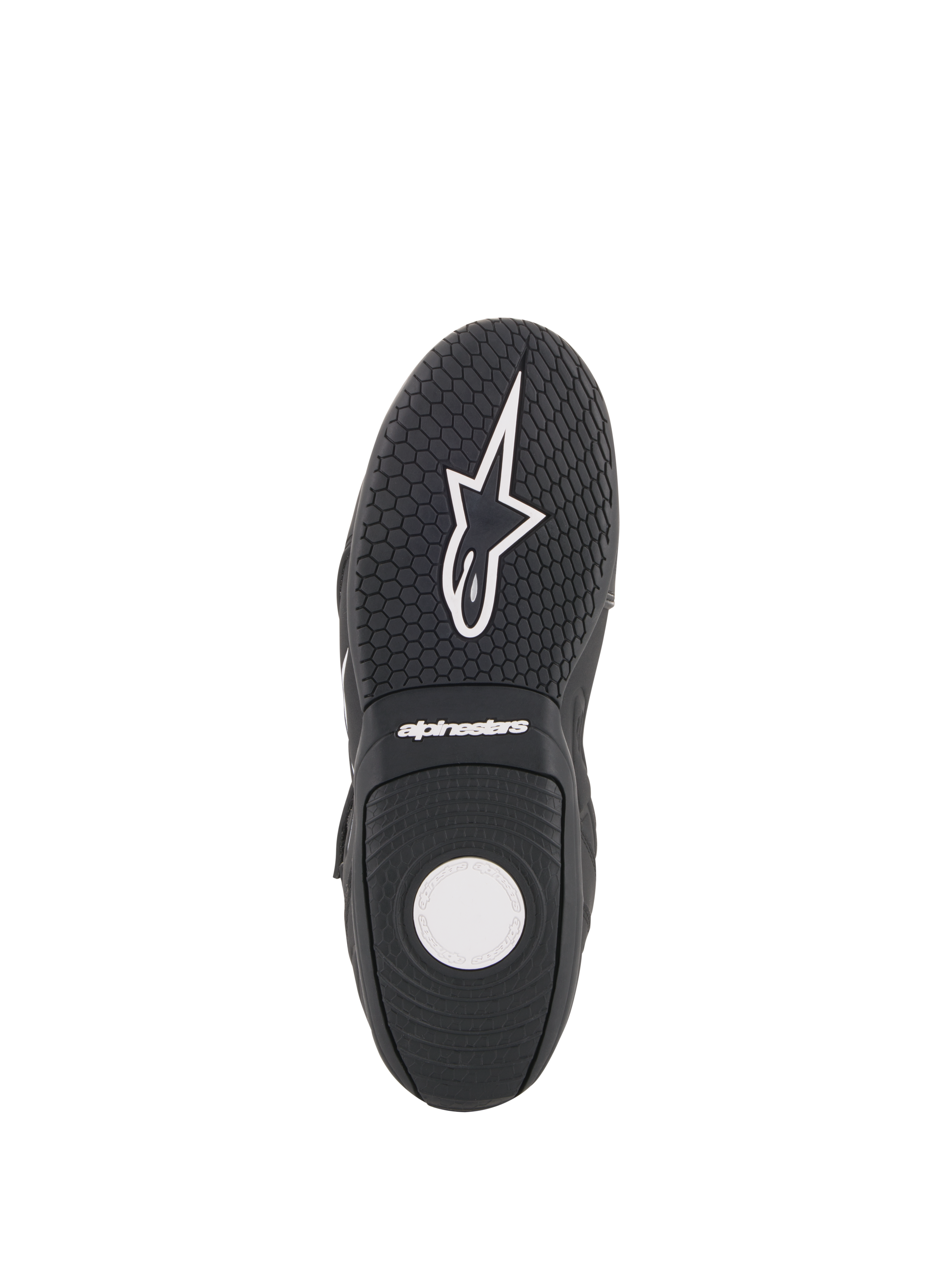 Alpinestars Fastback 2 Drystar® Waterproof, chaussures de moto, noir et blanc, vue de la semelle montrant la semelle extérieure en caoutchouc texturé, motif d'adhérence hexagonal et logo Alpinestars blanc