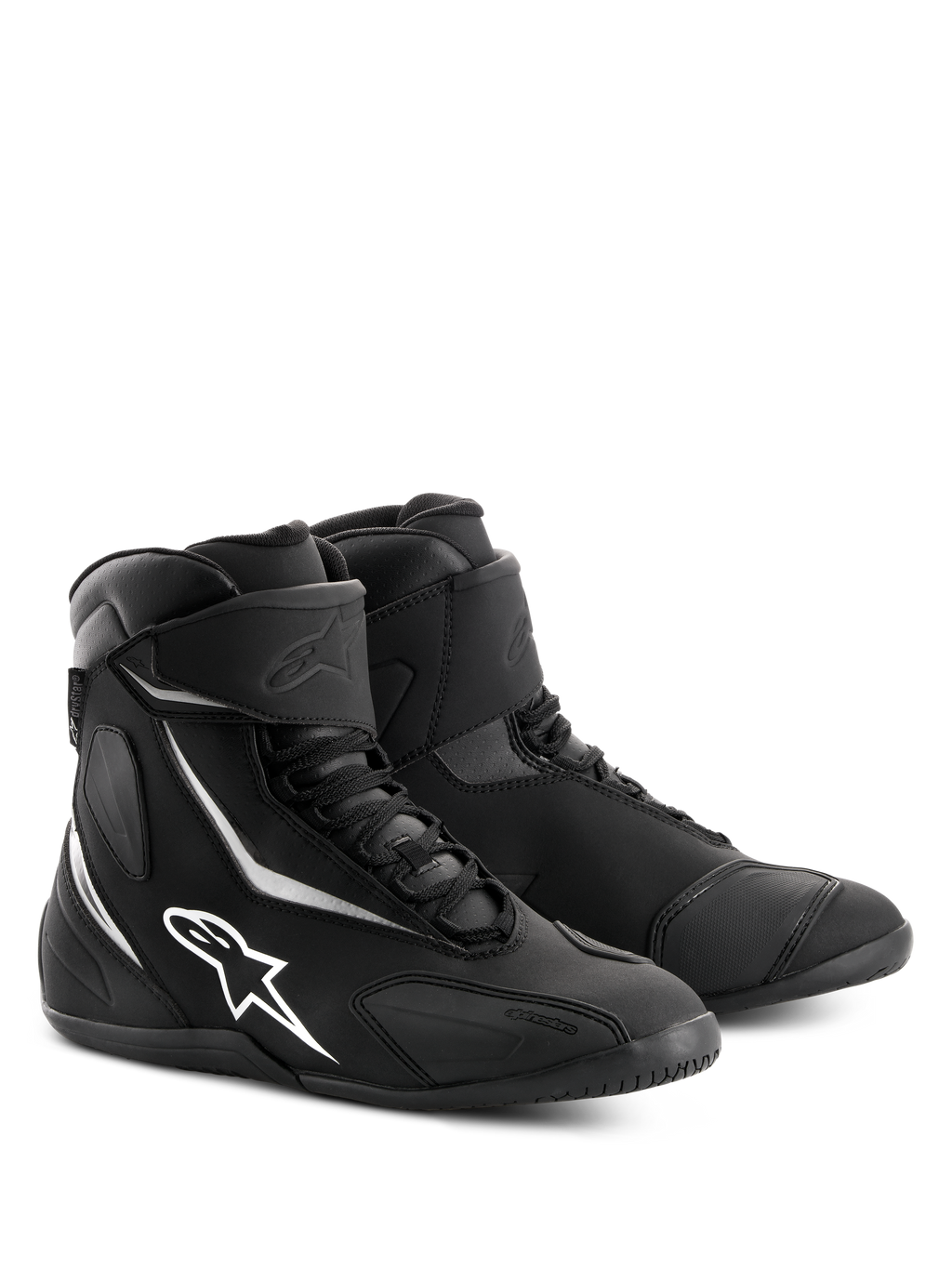 Chaussures imperméables Alpinestars Fastback 2 Drystar®, chaussures de moto noires et blanches, design montant avec logo Alpinestars et accents blancs, fermeture à lacets avec sangle de cheville auto-agrippante, construction robuste pour le touring routier.