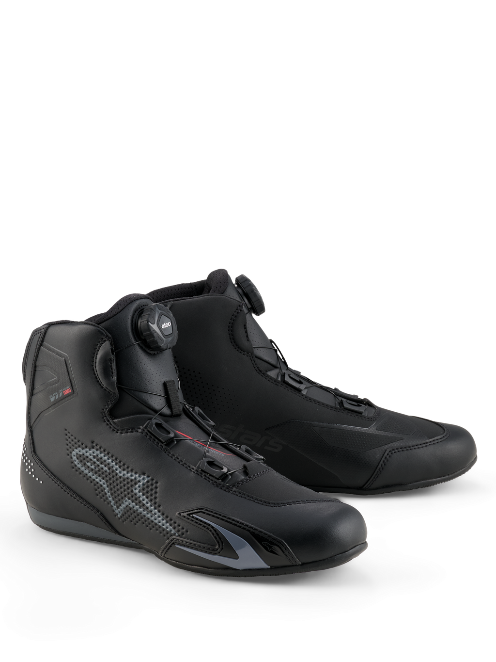 Chaussures Alpinestars Celer, chaussures de moto, noir et gris foncé, dotées du système de fermeture Rotor intégré pour un ajustement de précision, construction en microfibre technique avec logo étoile perforé, design sportif à profil bas pour la course et la route