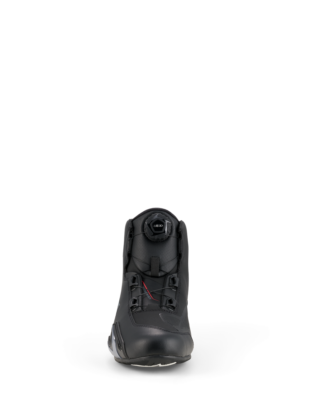 Chaussures Alpinestars Celer, chaussures de moto, noir, vue de face présentant la molette du système de fermeture Rotor intégré, construction en microfibre technique avec un profil épuré et une zone des orteils renforcée.