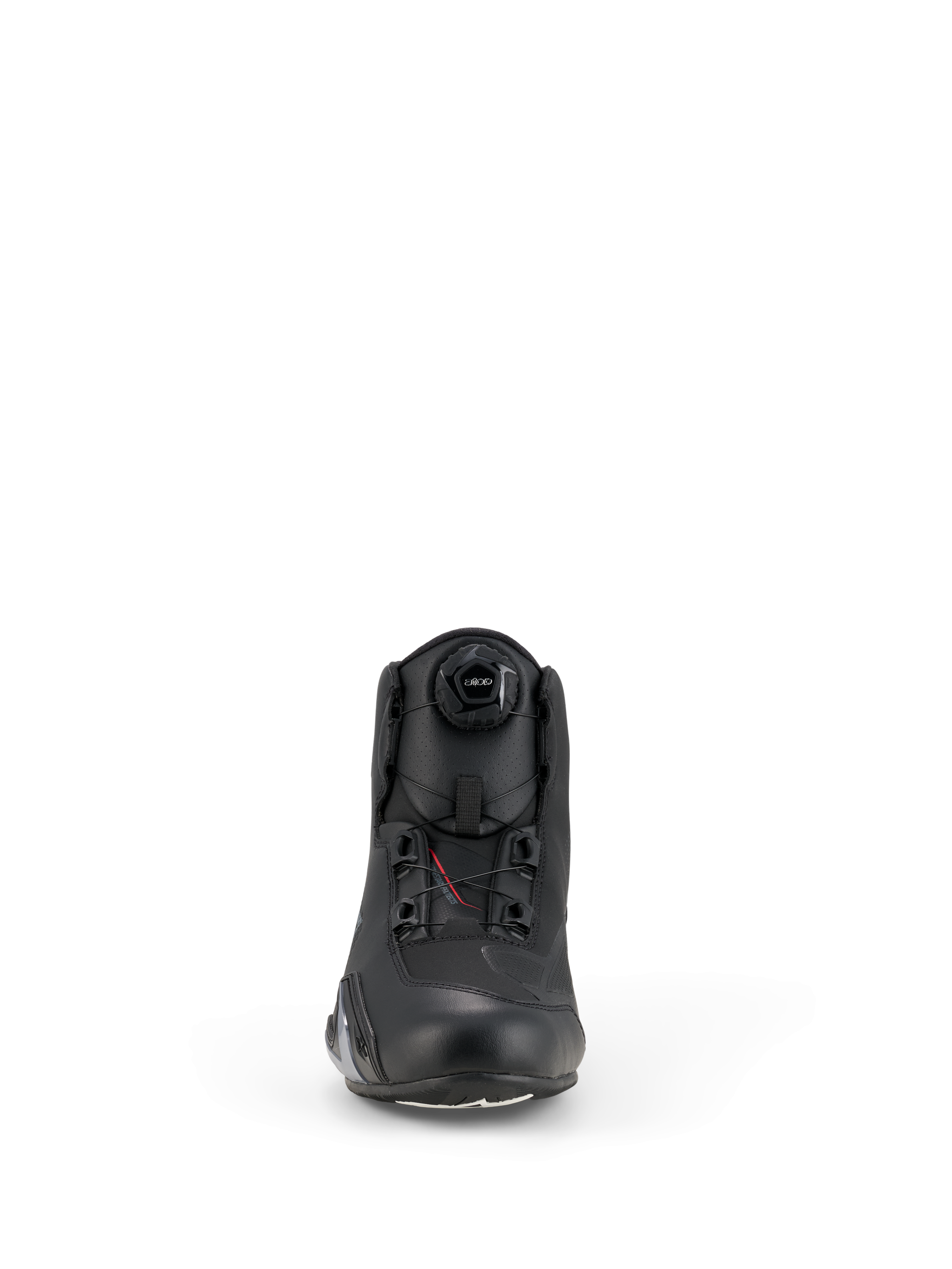 Chaussures Alpinestars Celer, chaussures de moto, noir, vue de face présentant la molette du système de fermeture Rotor intégré, construction en microfibre technique avec un profil épuré et une zone des orteils renforcée.