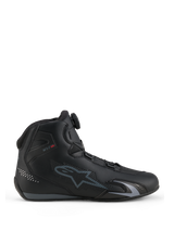 Alpinestars Celer Shoes, Black High-Top Motorcycle Shoes, Sleek Aerodynamic Design with White Star Logo, Perforated Leather Details, Padded Ankle Collar, Gray Accent Stripe, Lace-Up Closure