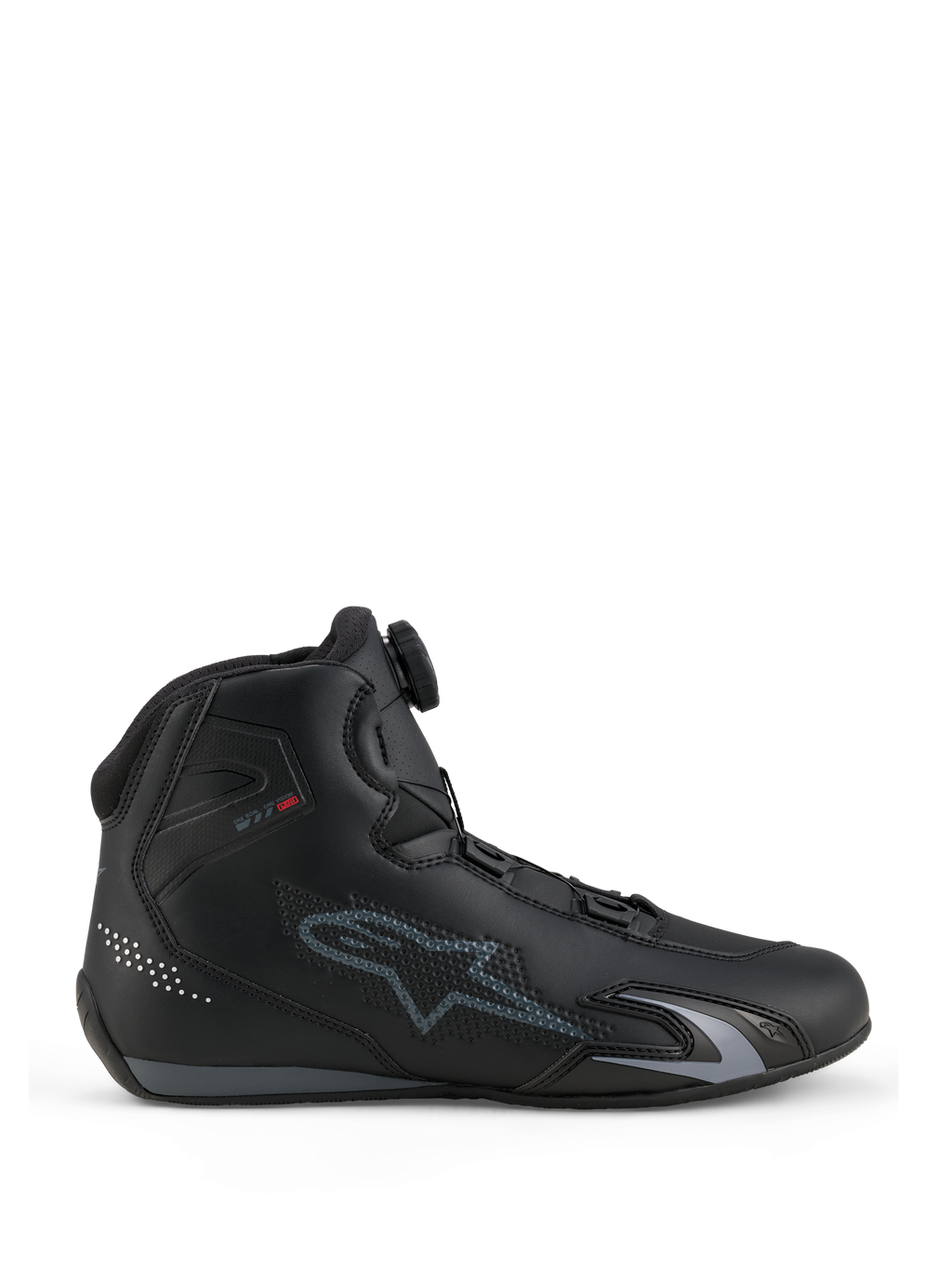 Chaussures Alpinestars Celer, chaussures de moto, noir et gris foncé, vue de profil montrant la molette du système de fermeture Rotor sur la languette, tige en microfibre technique avec logo Alpinestars gris, profil sport et course épuré