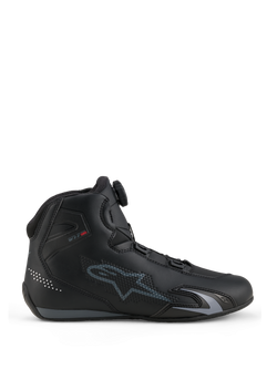 Alpinestars Celer Shoes, Motorcycle Riding Shoes, Black and Dark Gray, side profile view showing the Rotor Closure System dial on the tongue, technical microfiber upper with gray Alpinestars logo, streamlined sport and racing profile