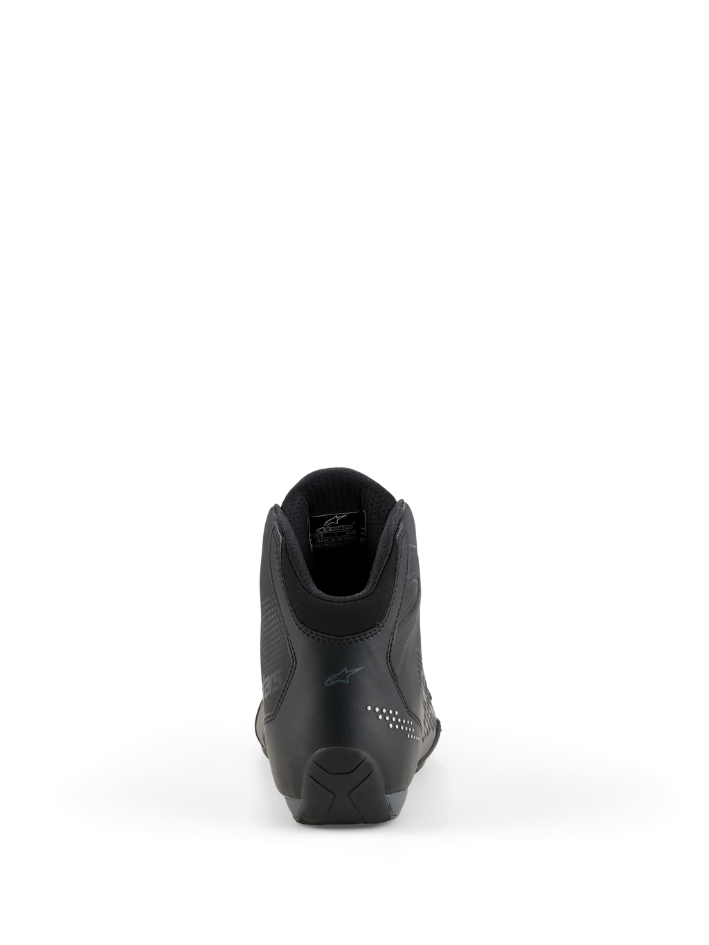 Chaussures Alpinestars Celer, chaussures de moto, noir et gris foncé, vue arrière mettant en évidence le talon renforcé, le col de la cheville et le marquage discret, construction en microfibre technique pour les pilotes de sport et de course
