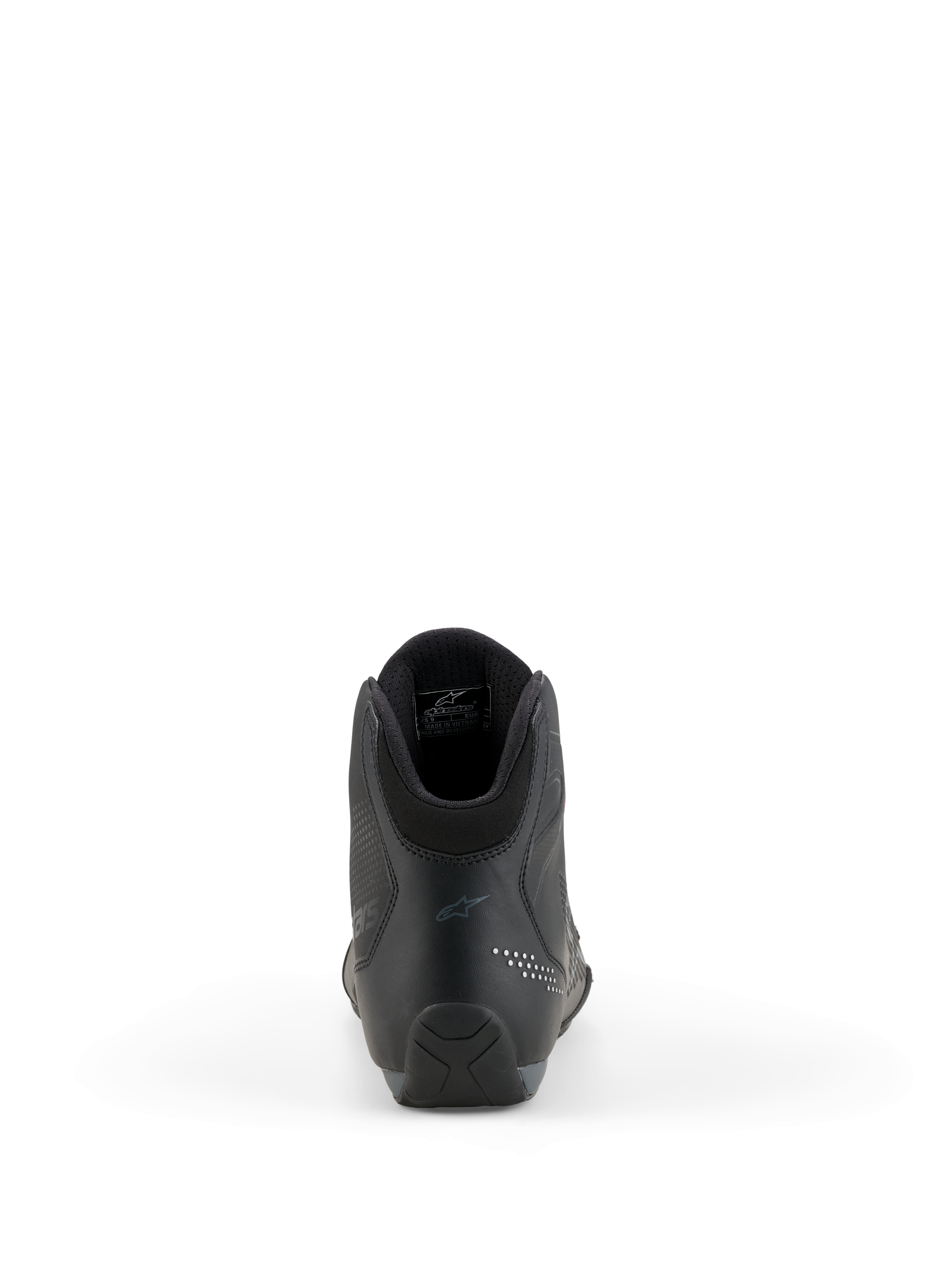 Chaussures Alpinestars Celer, chaussures de moto, noir et gris foncé, vue arrière mettant en évidence le talon renforcé, le col de la cheville et le marquage discret, construction en microfibre technique pour les pilotes de sport et de course