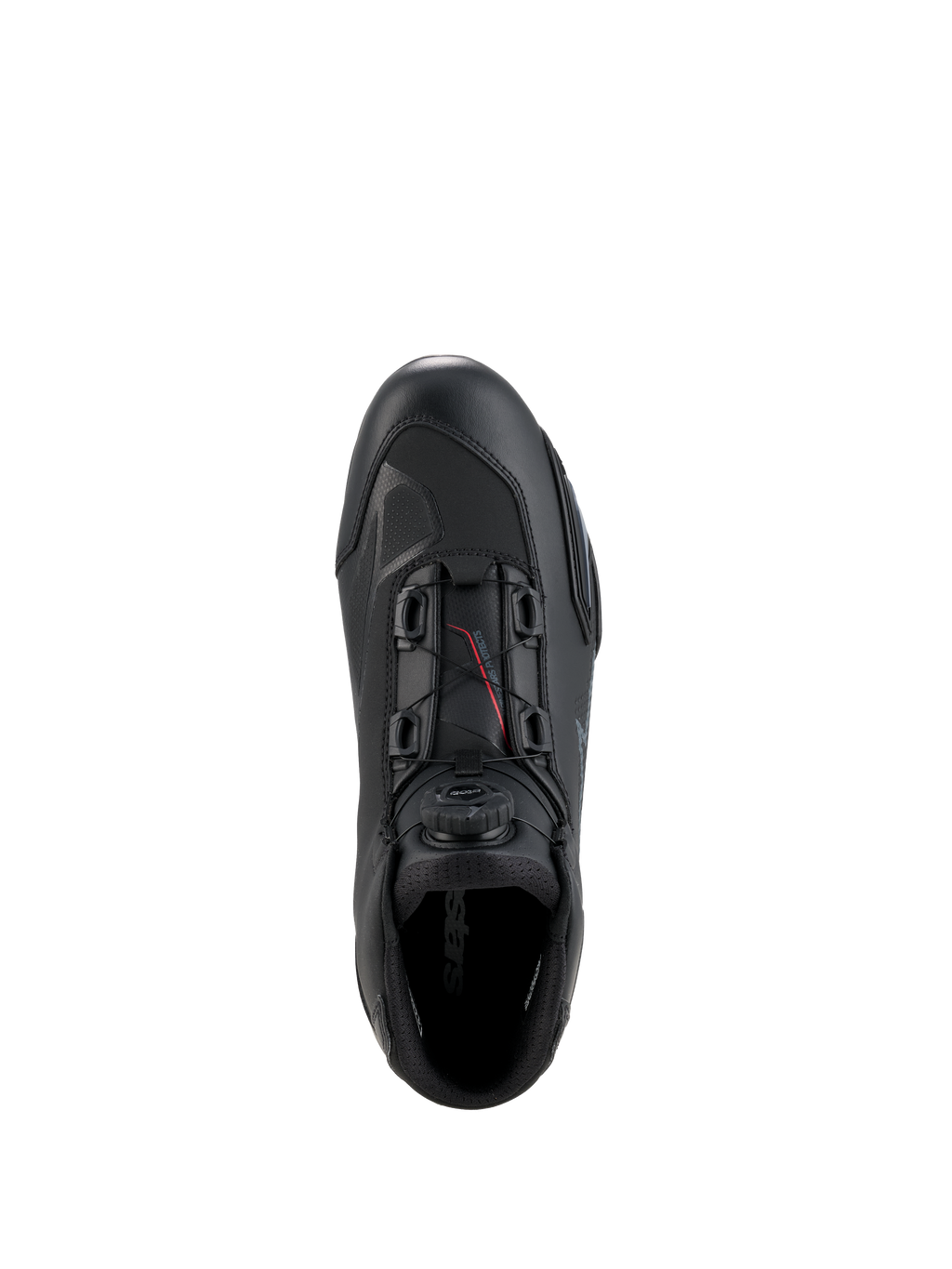 Chaussures Alpinestars Celer, chaussures de moto, noir et gris foncé, vue de dessus montrant la molette et les câbles du système de fermeture Rotor, construction en microfibre technique avec profil de course épuré, chaussures de sport protectrices