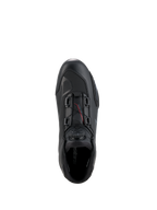 Chaussures Alpinestars Celer, chaussures de moto, noir et gris foncé, vue de dessus montrant la molette et les câbles du système de fermeture Rotor, construction en microfibre technique avec profil de course épuré, chaussures de sport protectrices