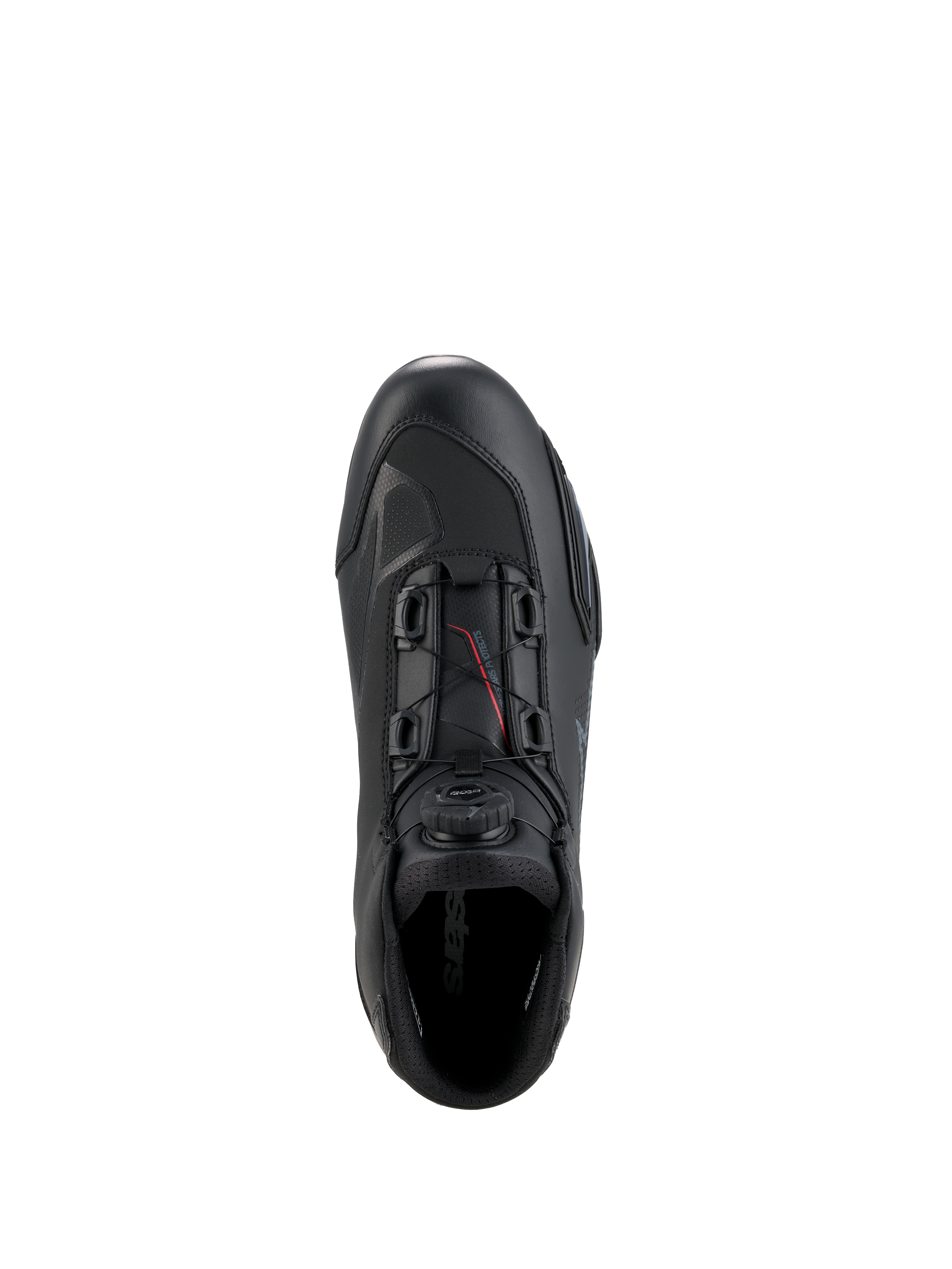 Chaussures Alpinestars Celer, chaussures de moto, noir et gris foncé, vue de dessus montrant la molette et les câbles du système de fermeture Rotor, construction en microfibre technique avec profil de course épuré, chaussures de sport protectrices