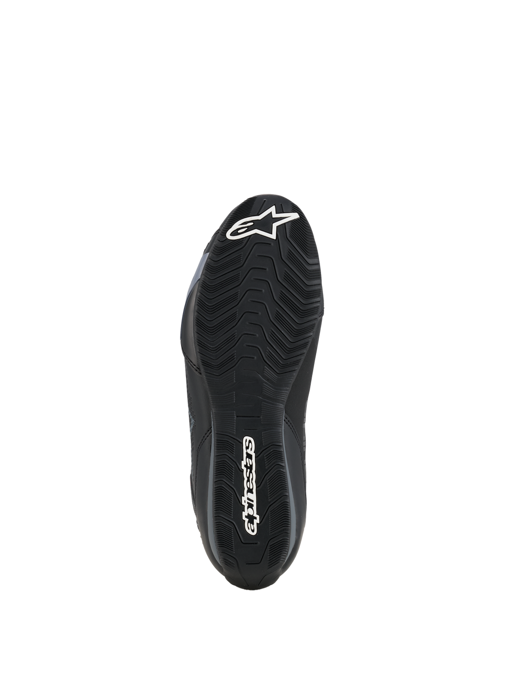 Chaussures Alpinestars Celer, vue de la semelle, mélange de caoutchouc noir résistant à l'huile avec motif d'adhérence ondulé texturé, logo Alpinestars blanc sur la pointe et le talon, conçu pour l'adhérence sur les repose-pieds de moto