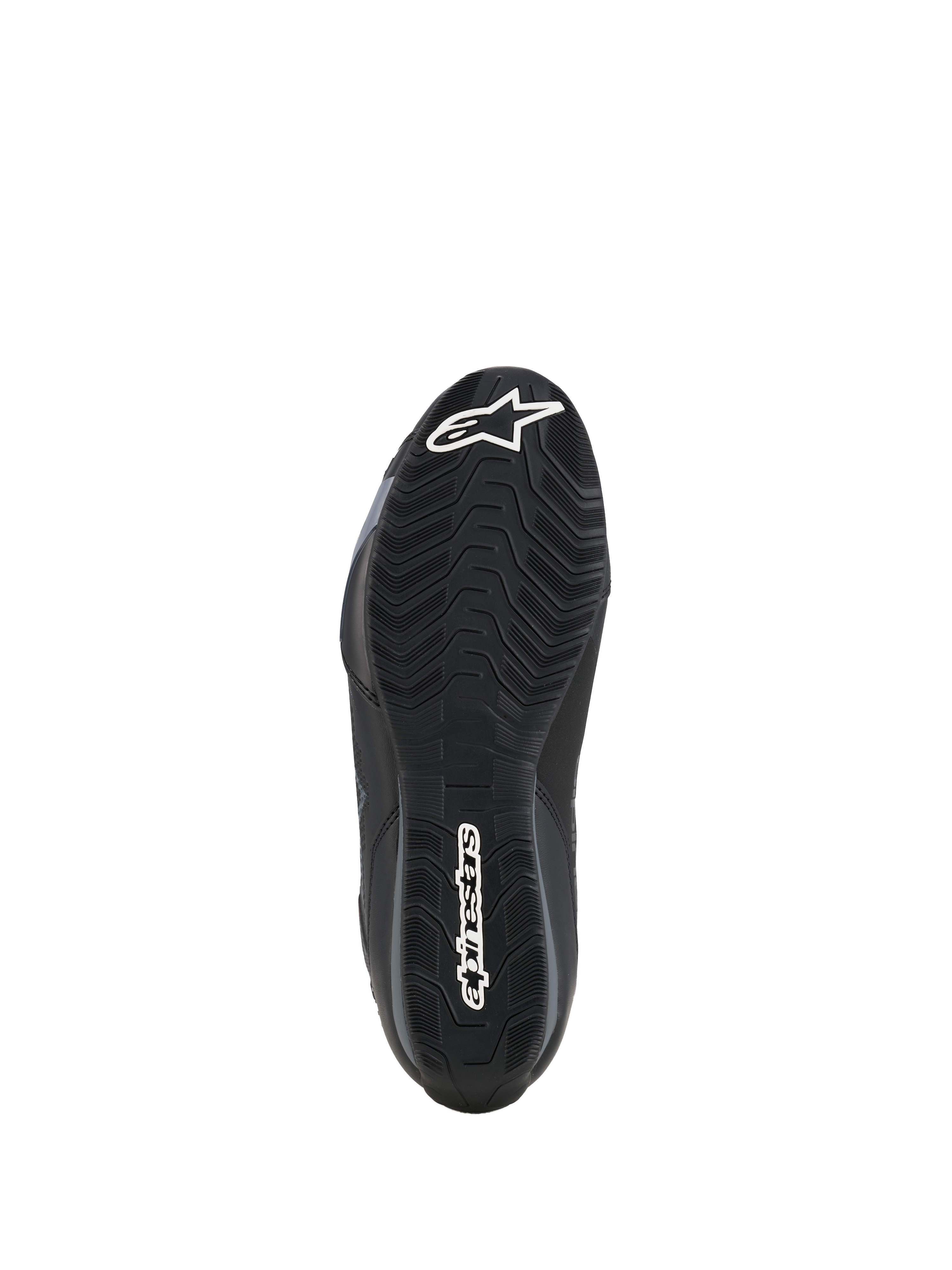 Chaussures Alpinestars Celer, vue de la semelle, mélange de caoutchouc noir résistant à l'huile avec motif d'adhérence ondulé texturé, logo Alpinestars blanc sur la pointe et le talon, conçu pour l'adhérence sur les repose-pieds de moto