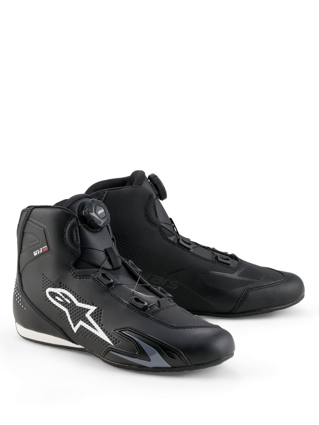 Alpinestars Celer Shoes, Motorcycle Riding Shoes, Black and White, featuring the Rotor Closure System dial, large white Astar logo on the side, sleek technical microfiber construction for sport street performance