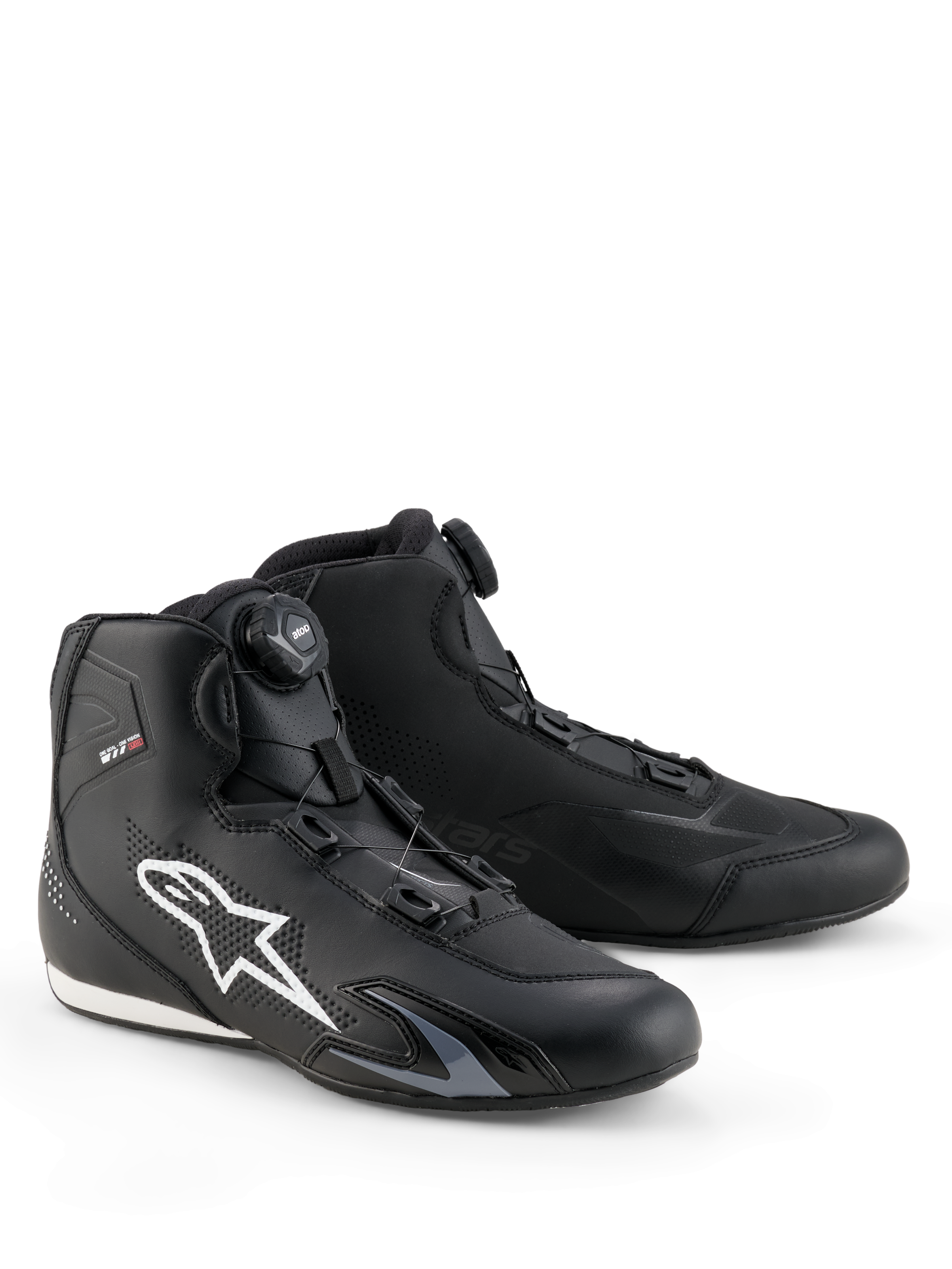 Alpinestars Celer Shoes, Motorcycle Riding Shoes, Black and White, featuring the Rotor Closure System dial, large white Astar logo on the side, sleek technical microfiber construction for sport street performance