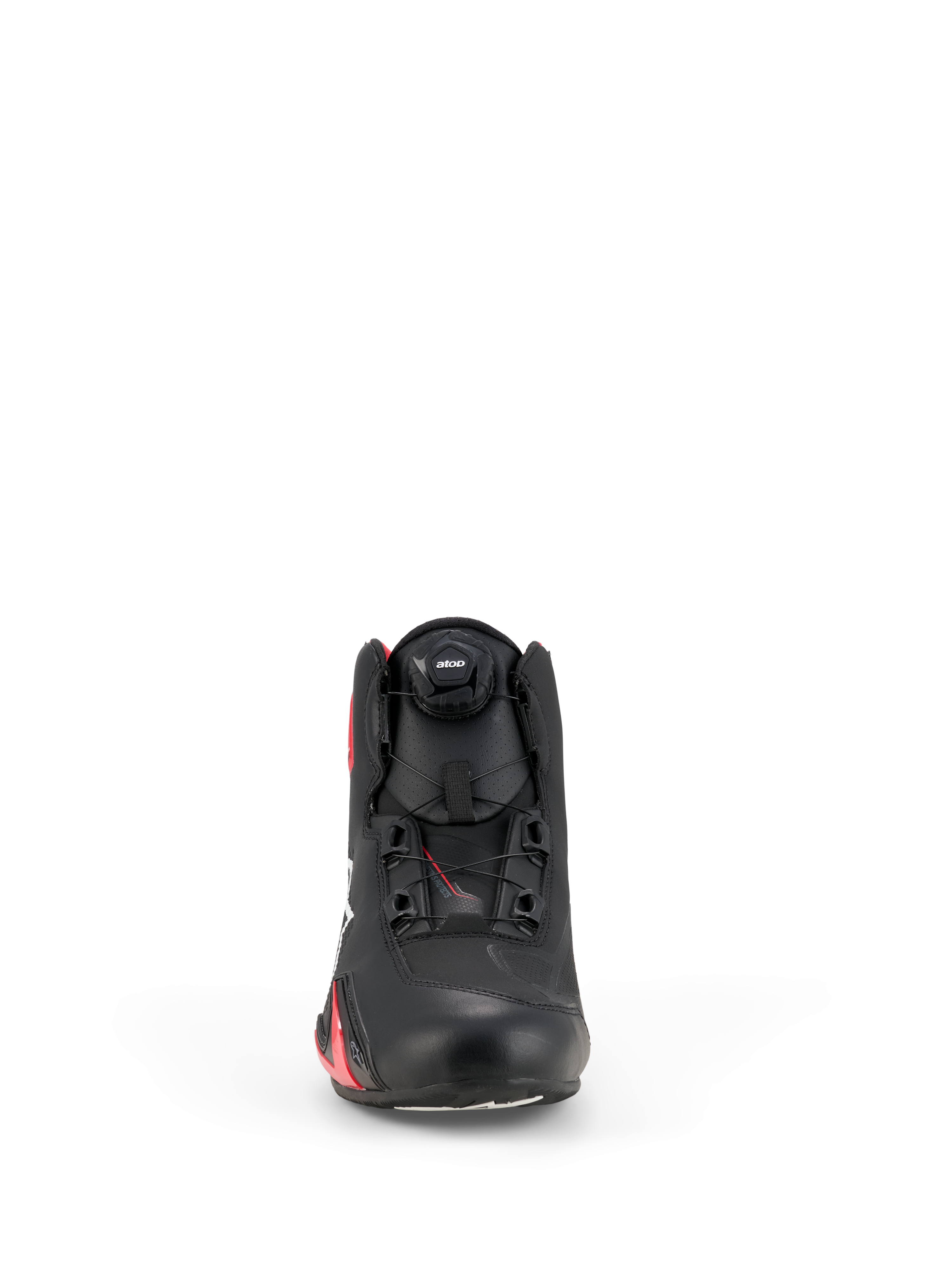 Chaussures Alpinestars Celer, chaussures de moto, noir et rouge vif, vue de face présentant la molette du système de fermeture Rotor, tige en microfibre technique et design épuré inspiré de la course