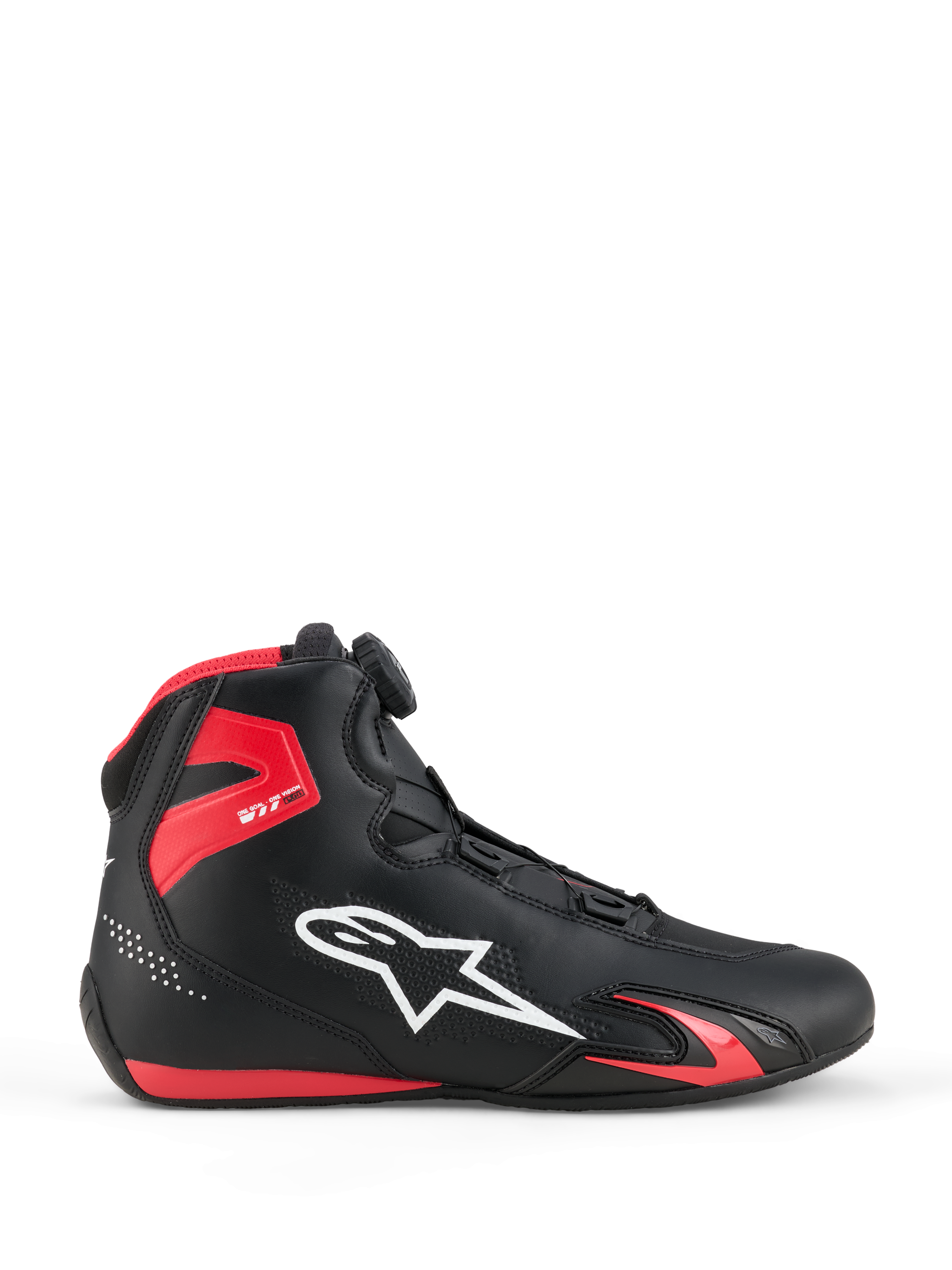 Chaussures Alpinestars Celer, chaussures de moto, noir et rouge vif, vue de profil avec logo Alpinestars blanc, molette du système de fermeture Rotor, protection de cheville en TPU rouge et conception épurée en microfibre pour le sport et la course