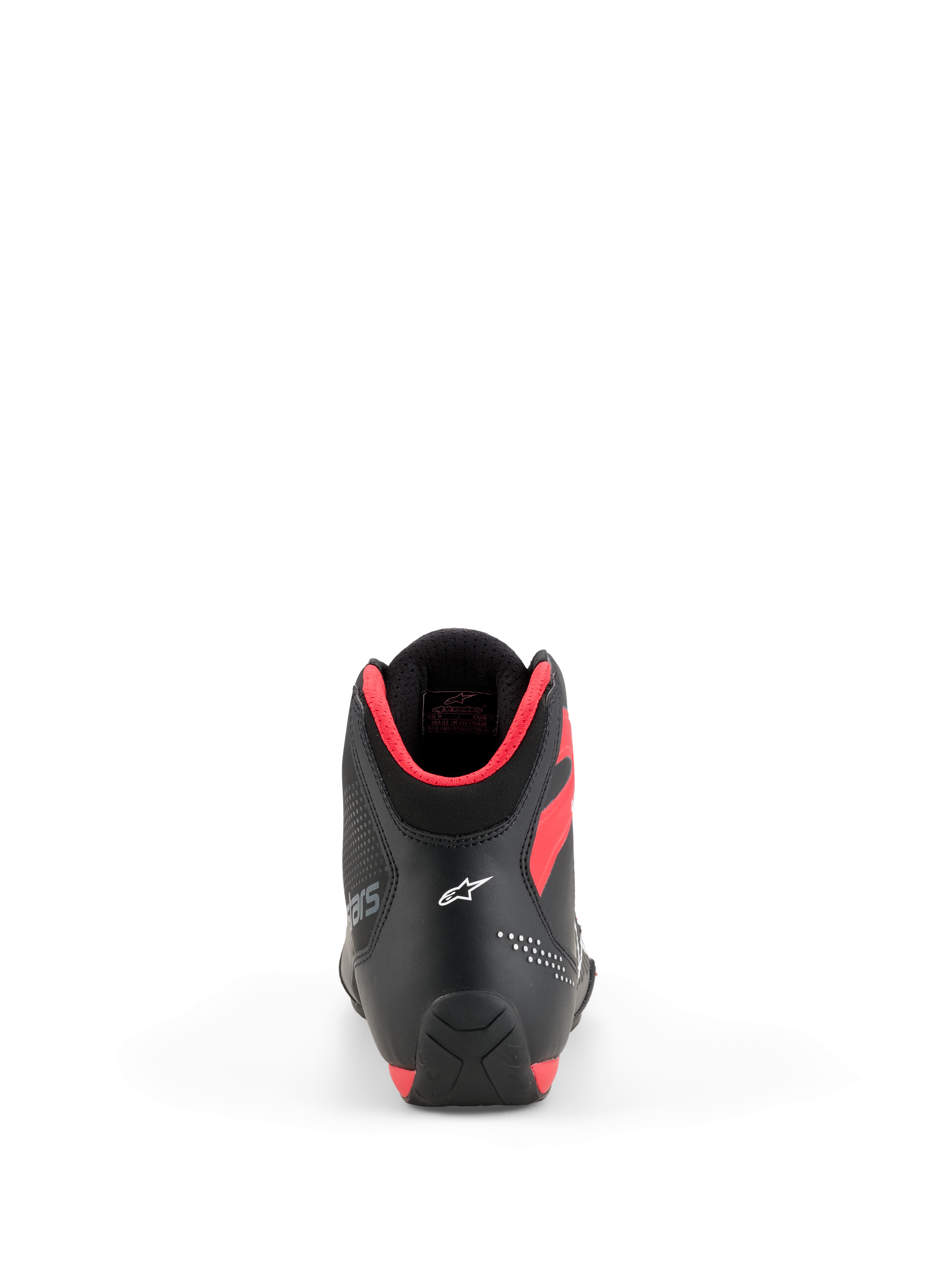Chaussures Alpinestars Celer, chaussures de moto, noir et rouge vif, vue arrière montrant le logo Astar blanc sur le talon et le rembourrage du col rouge vif, design sportif et performant élégant