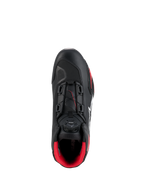 Chaussures Alpinestars Celer, Noir et Rouge Vif, vue de dessus mettant en évidence la molette du système de fermeture Rotor, construction technique en microfibre et doublure intérieure rouge vif, chaussures de moto de sport