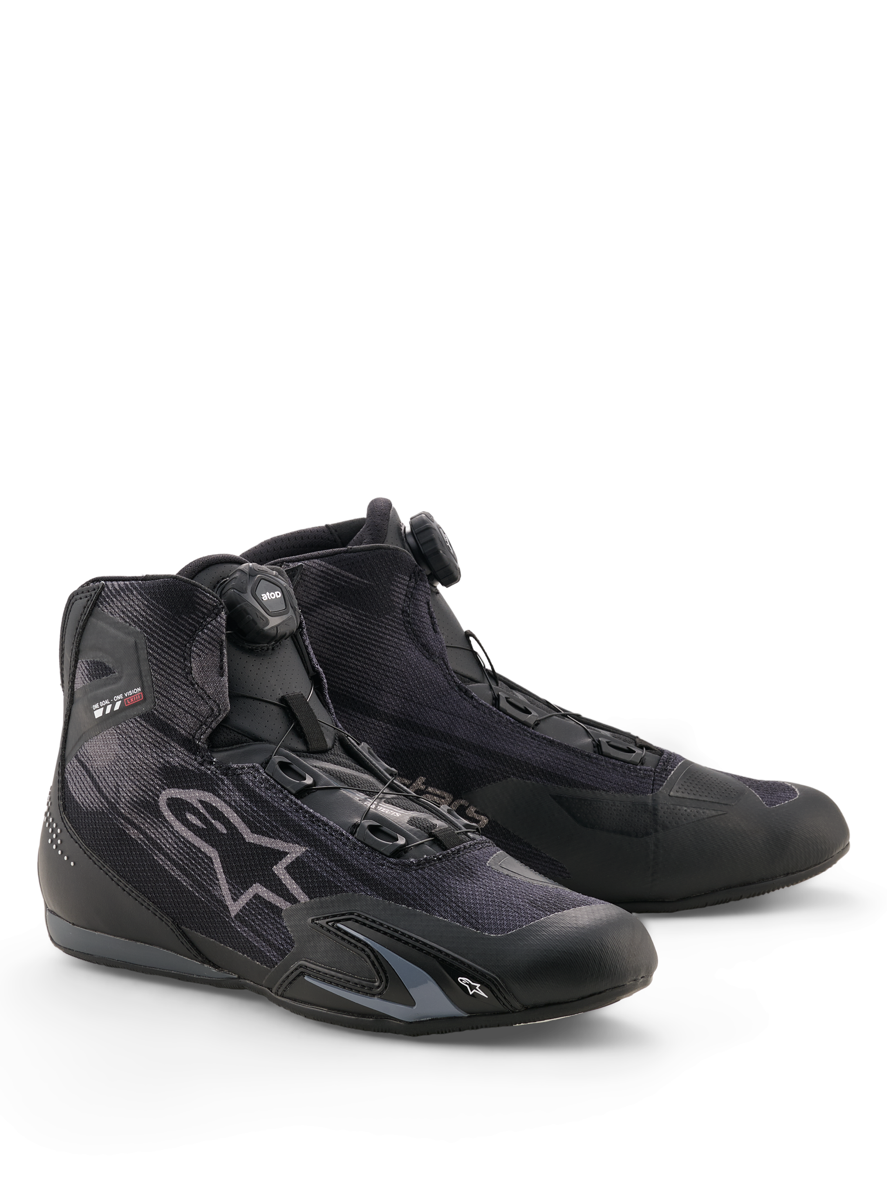 Alpinestars Celer Superair Shoes, Motorcycle Riding Shoes, Black and Dark Gray, featuring Rotor Closure System dial, high-airflow textile upper, sleek sport profile with Alpinestars branding, designed for warm weather riding.