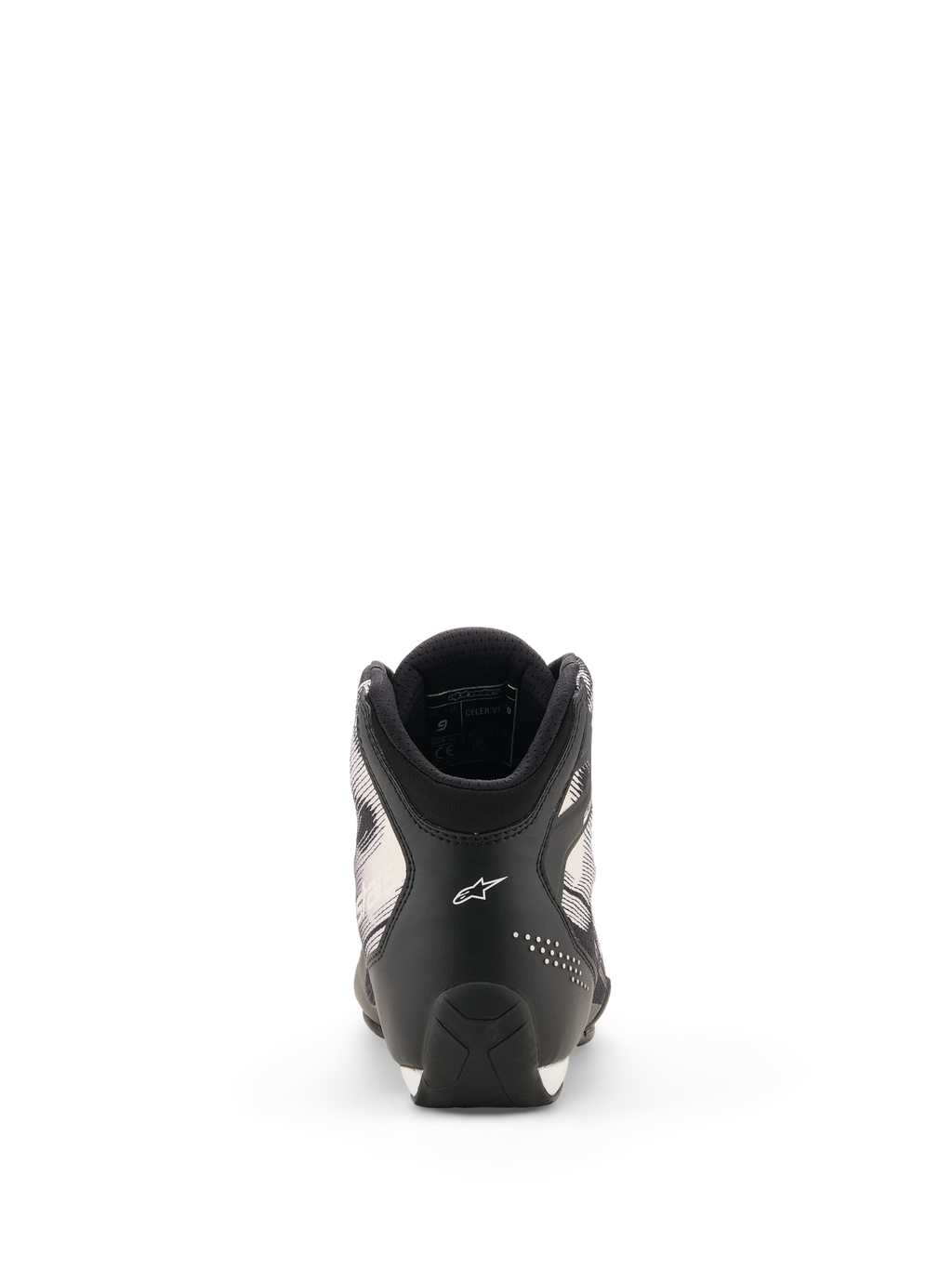 Chaussures Alpinestars Celer Superair, chaussures de moto, noir et blanc, vue arrière montrant le talon avec le logo Astar blanc, des détails perforés et une semelle au design texturé