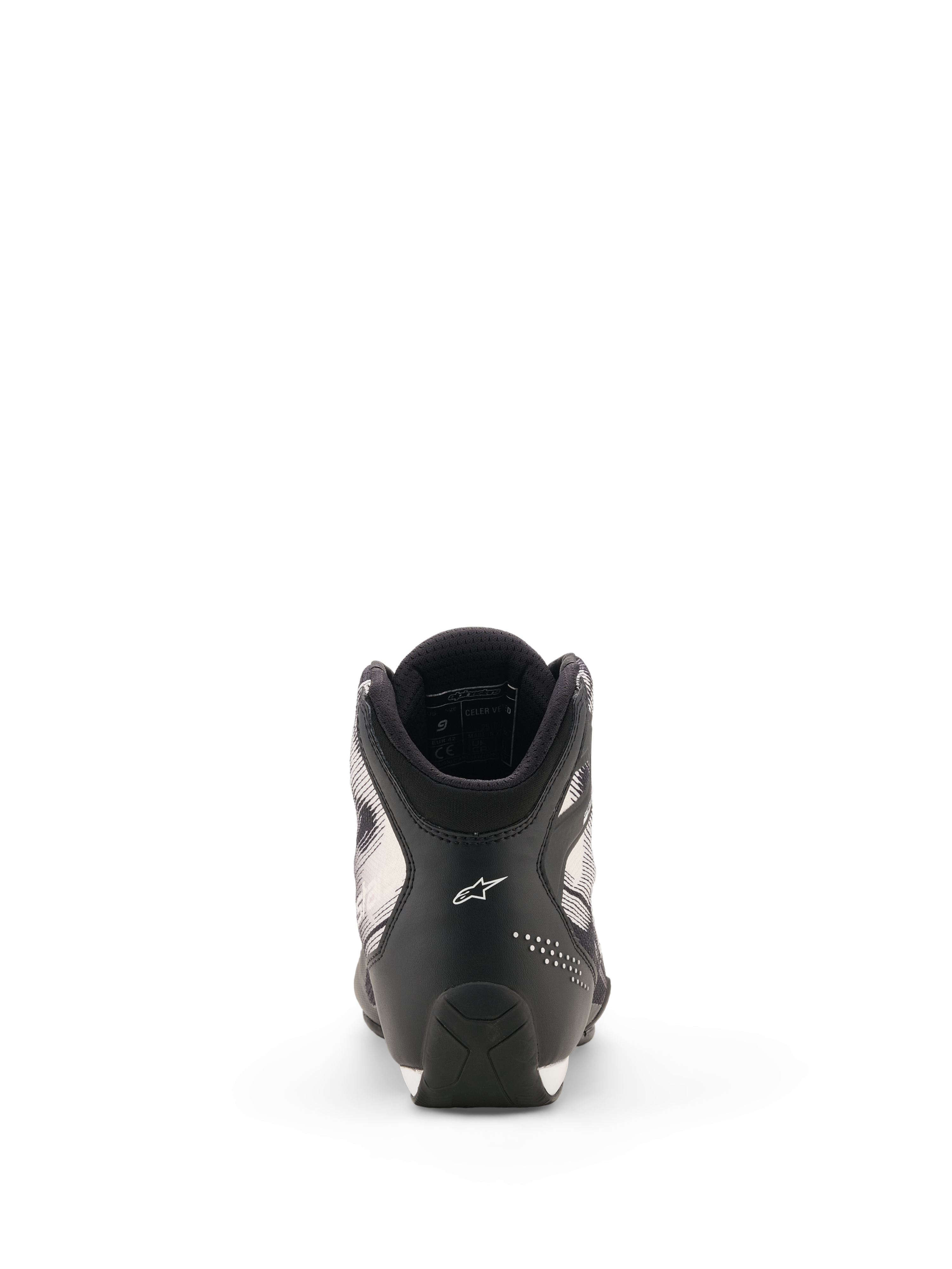 Chaussures Alpinestars Celer Superair, chaussures de moto, noir et blanc, vue arrière montrant le talon avec le logo Astar blanc, des détails perforés et une semelle au design texturé