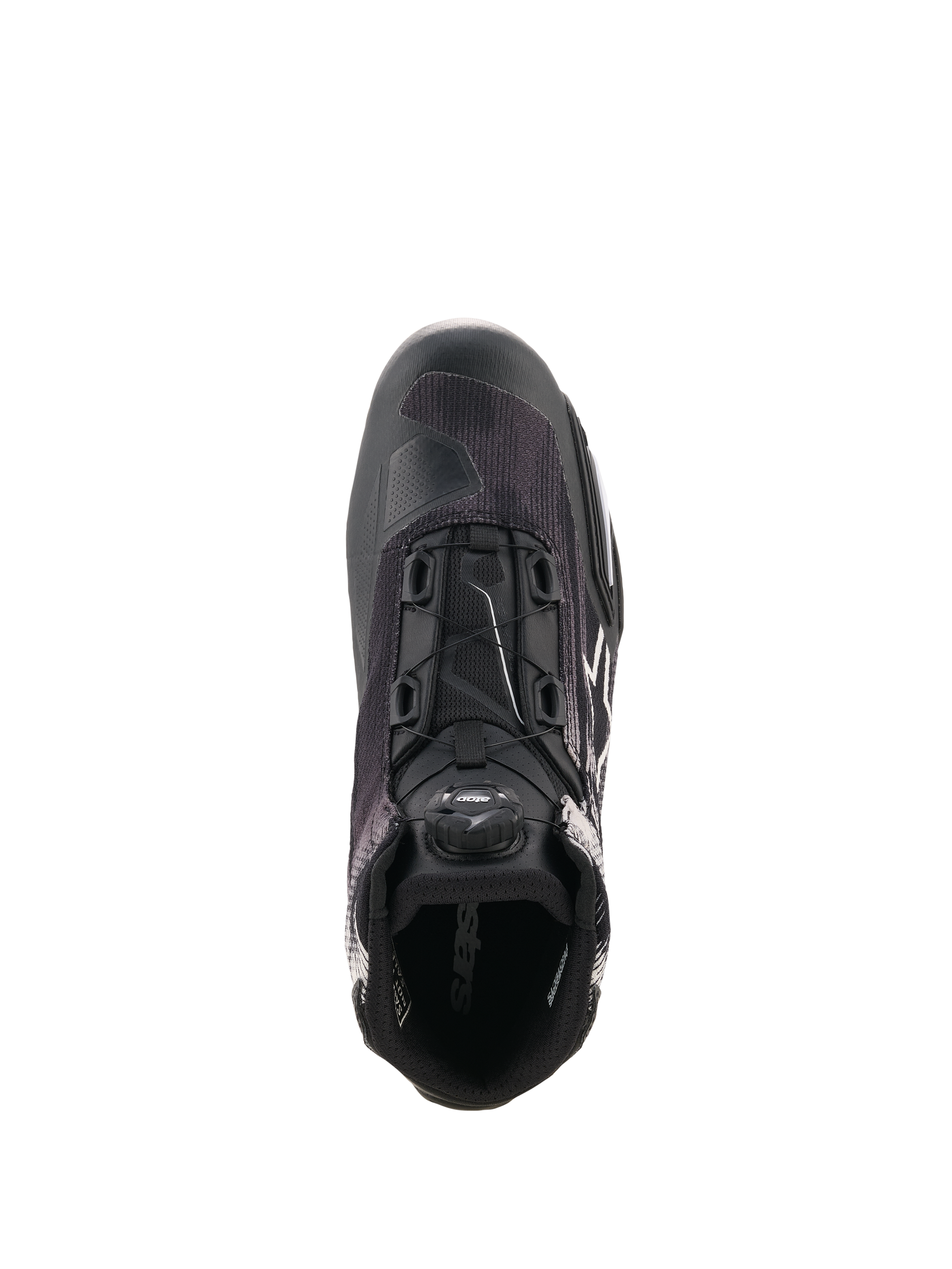 Chaussures Alpinestars Celer Superair, chaussures de moto noires et blanches vues de dessus, dotées du système de fermeture Rotor intégré, d'une tige en textile respirant et d'un design d'inspiration sportive pour des performances par temps chaud.