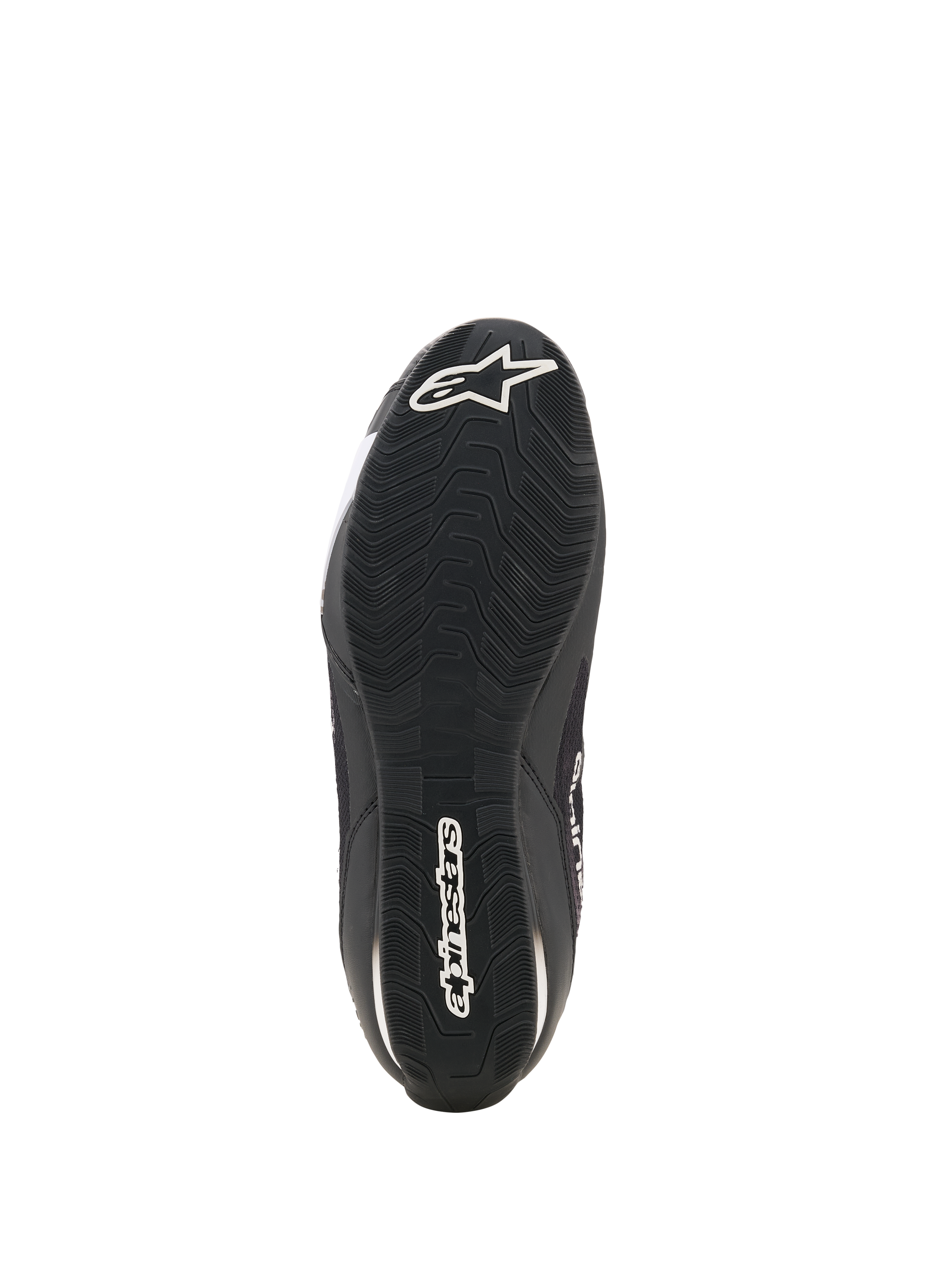 Chaussures Alpinestars Celer Superair, chaussures de moto, noir et blanc, vue de dessous montrant la semelle extérieure en caoutchouc résistant à l'huile avec motif de bande de roulement texturé, logo Alpinestars blanc sur le talon et nom de la marque au centre pour l'adhérence et la performance