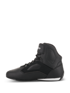 Chaussures Alpinestars Faster-3 Rideknit®, chaussures de moto, noir, vue de profil, tige en microfibre légère avec panneaux perforés, fermeture à lacets avec sangle de cheville sécurisée, design de course sur route épuré