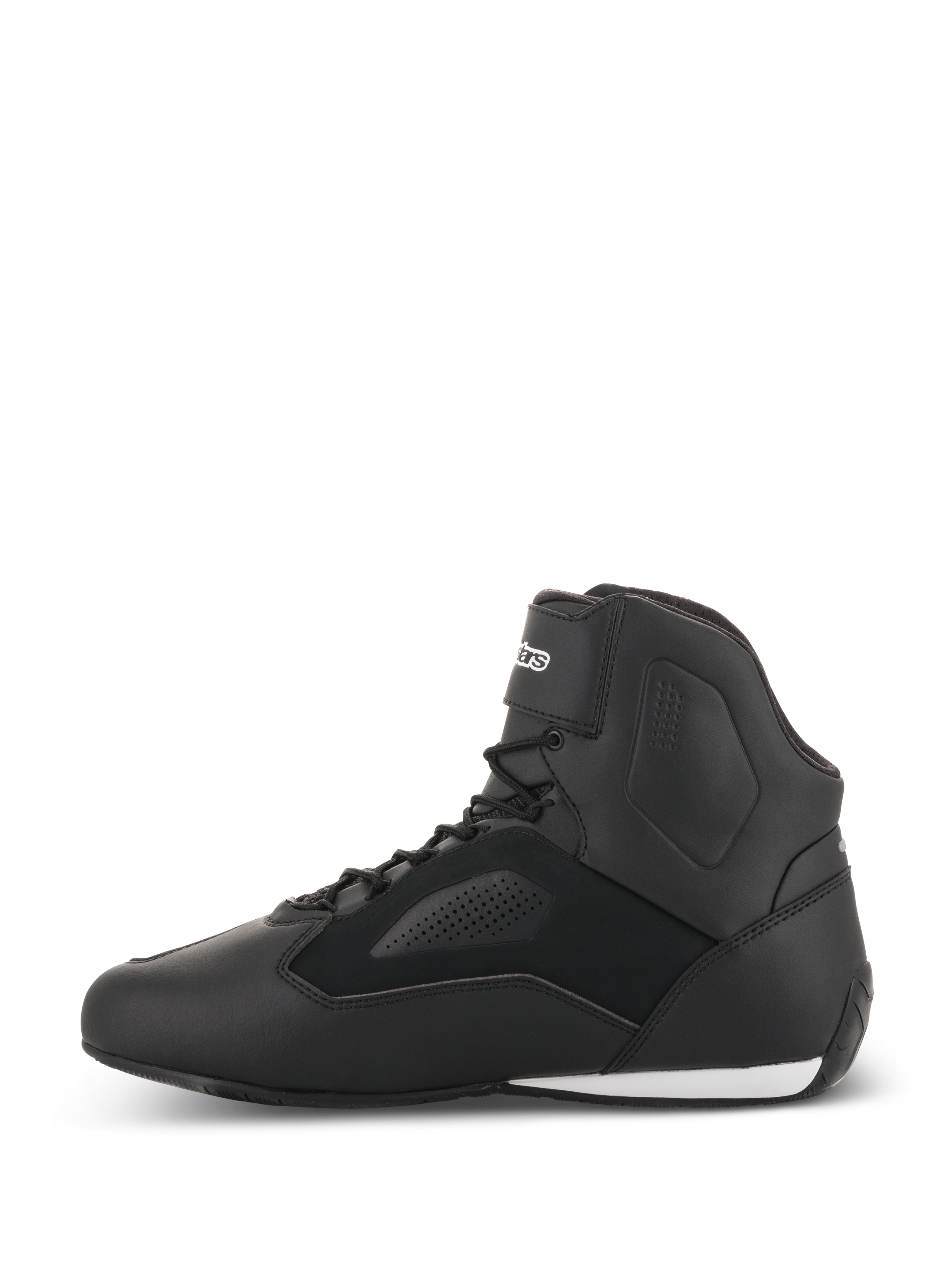 Chaussures Alpinestars Faster-3 Rideknit®, chaussures de moto, noir, vue de profil, tige en microfibre légère avec panneaux perforés, fermeture à lacets avec sangle de cheville sécurisée, design de course sur route épuré
