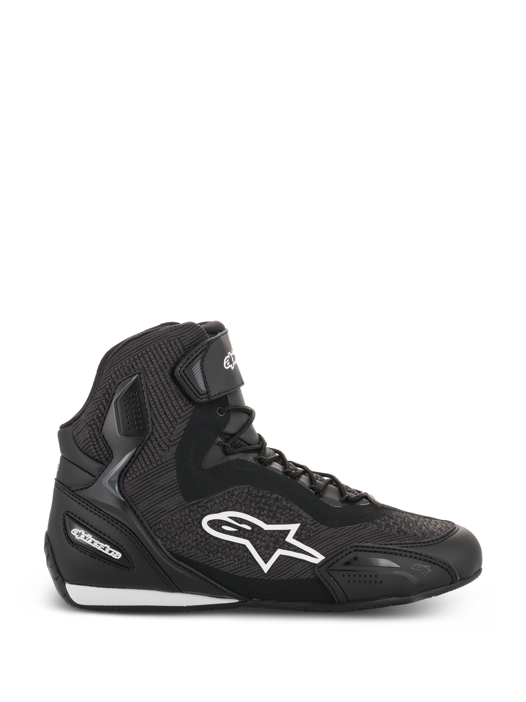 Alpinestars Faster-3 Rideknit® Shoes, chaussures de moto montantes noires, logo étoile blanc, construction en maille texturée et mesh, fermeture à lacets avec sangle à la cheville, talon et pointe renforcés, semelle profilée basse avec accents blancs