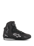 Alpinestars Faster-3 Rideknit® Shoes, chaussures de moto montantes noires, logo étoile blanc, construction en maille texturée et mesh, fermeture à lacets avec sangle à la cheville, talon et pointe renforcés, semelle profilée basse avec accents blancs