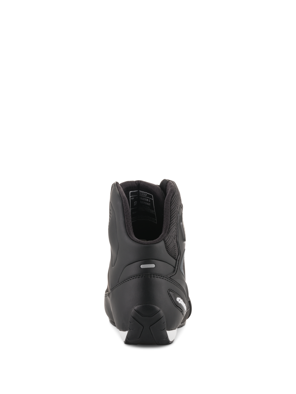 Chaussures Alpinestars Faster-3 Rideknit®, chaussures de moto noires, vue arrière montrant le contrefort de talon en TPR et la construction en microfibre, chaussures de course sur route élégantes et protectrices