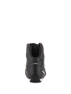 Chaussures Alpinestars Faster-3 Rideknit®, chaussures de moto noires, vue arrière montrant le contrefort de talon en TPR et la construction en microfibre, chaussures de course sur route élégantes et protectrices