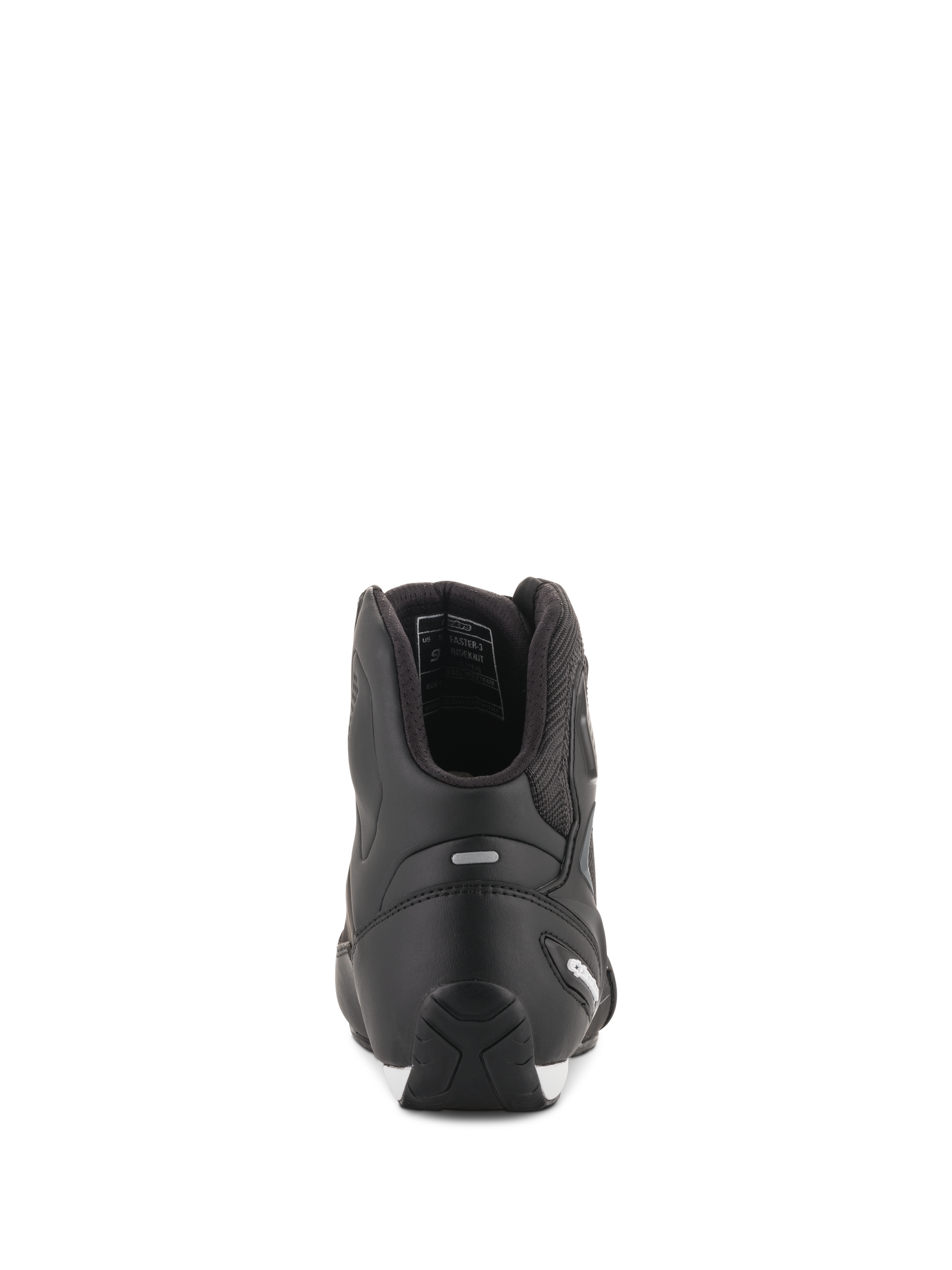 Chaussures Alpinestars Faster-3 Rideknit®, chaussures de moto noires, vue arrière montrant le contrefort de talon en TPR et la construction en microfibre, chaussures de course sur route élégantes et protectrices