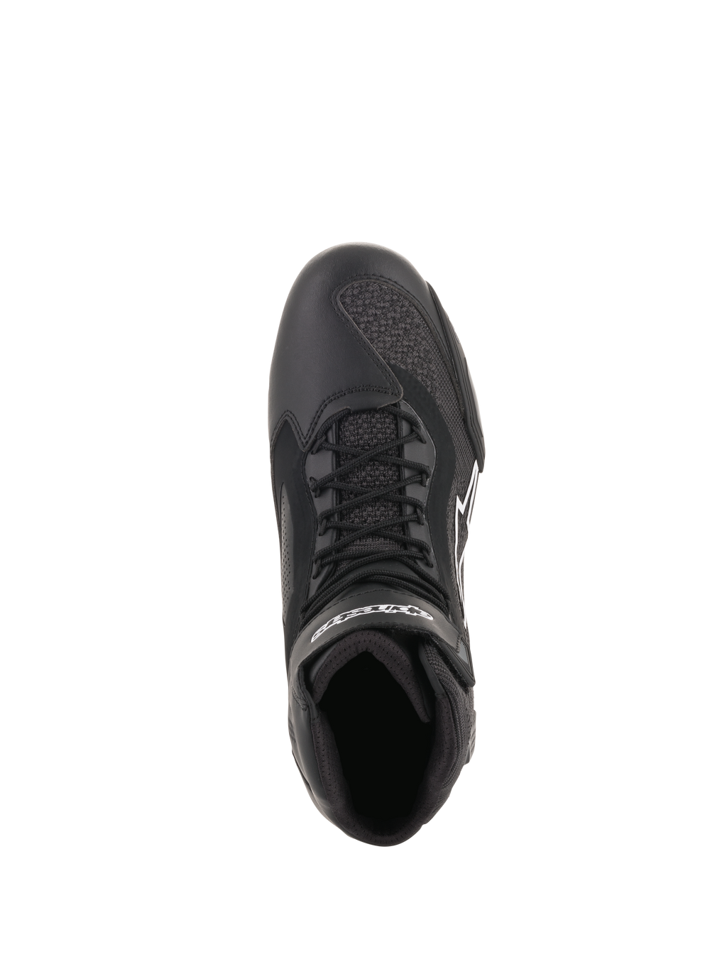 Chaussures Alpinestars Faster-3 Rideknit®, noir, vue de dessus montrant les lacets et les panneaux en maille respirante, construction légère en microfibre et maille, chaussures de moto haute performance