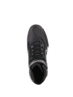 Chaussures Alpinestars Faster-3 Rideknit®, noir, vue de dessus montrant les lacets et les panneaux en maille respirante, construction légère en microfibre et maille, chaussures de moto haute performance