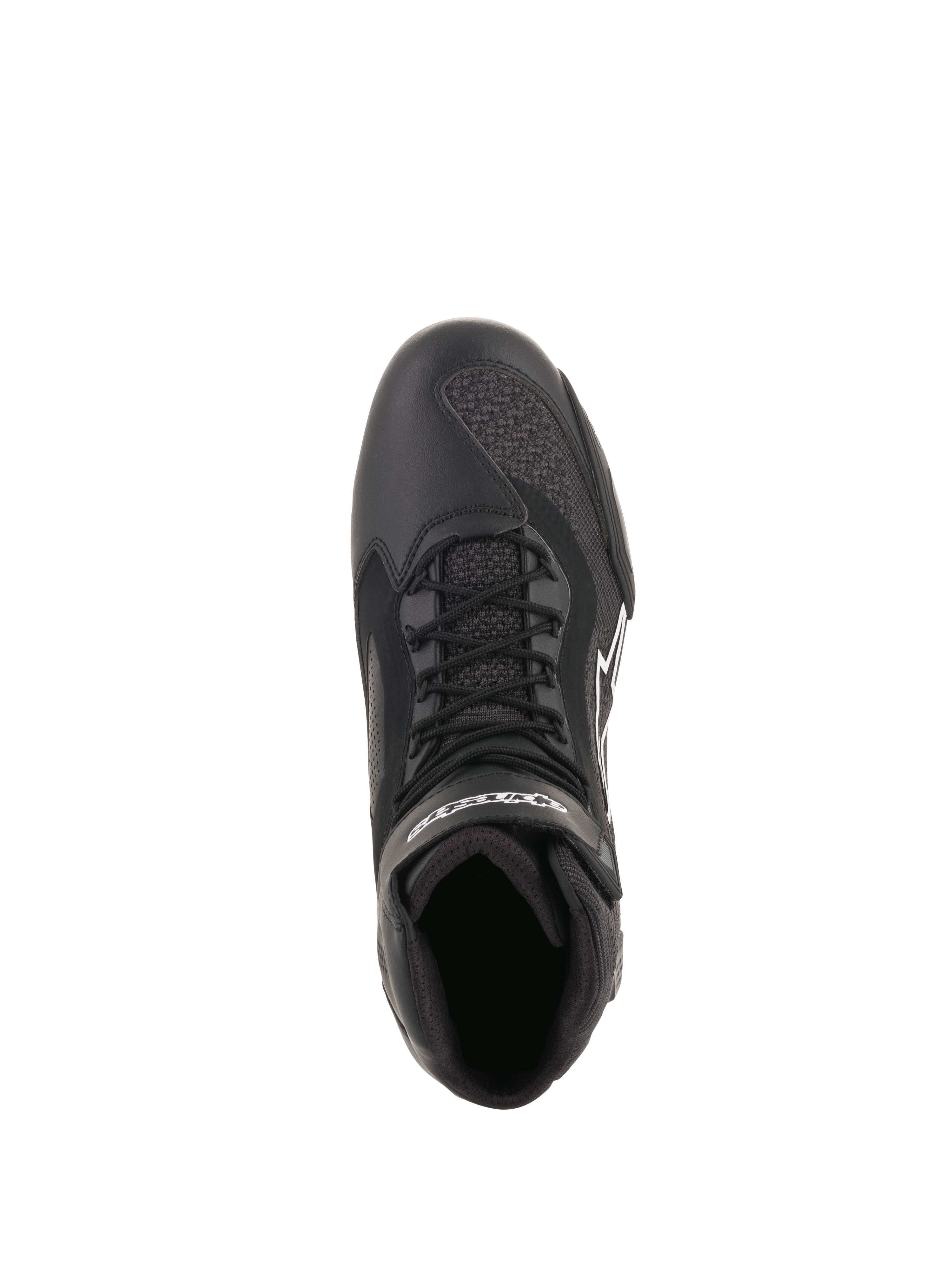 Chaussures Alpinestars Faster-3 Rideknit®, noir, vue de dessus montrant les lacets et les panneaux en maille respirante, construction légère en microfibre et maille, chaussures de moto haute performance