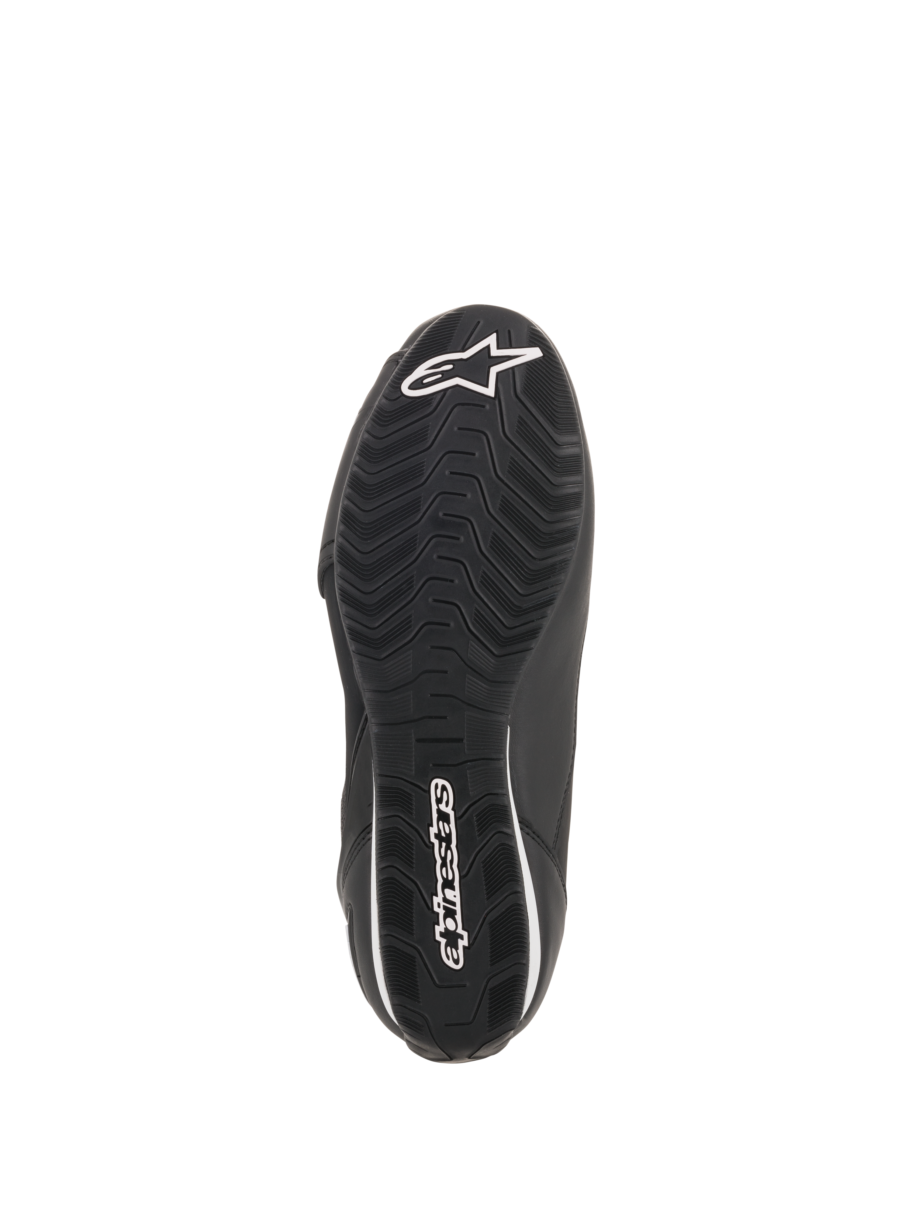 Chaussures Alpinestars Faster-3 Rideknit®, noir, vue de dessous de la semelle avec motif texturé ondulé, logo et lettrage Alpinestars blancs, chaussure de moto haute performance
