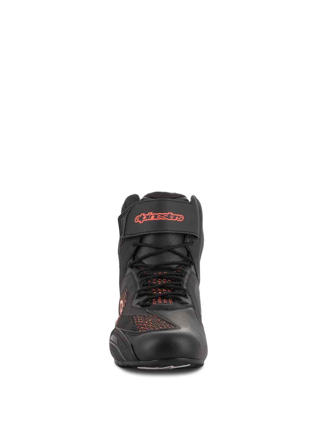 Chaussures Alpinestars Faster-3 Rideknit®, noir et rouge fluo, vue de face, chaussure de moto dotée de panneaux en maille tricotée respirante et d'une sangle de cheville en Velcro avec logo rouge