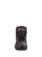 Chaussures Alpinestars Faster-3 Rideknit®, noir et rouge fluo, vue de face, chaussure de moto dotée de panneaux en maille tricotée respirante et d'une sangle de cheville en Velcro avec logo rouge