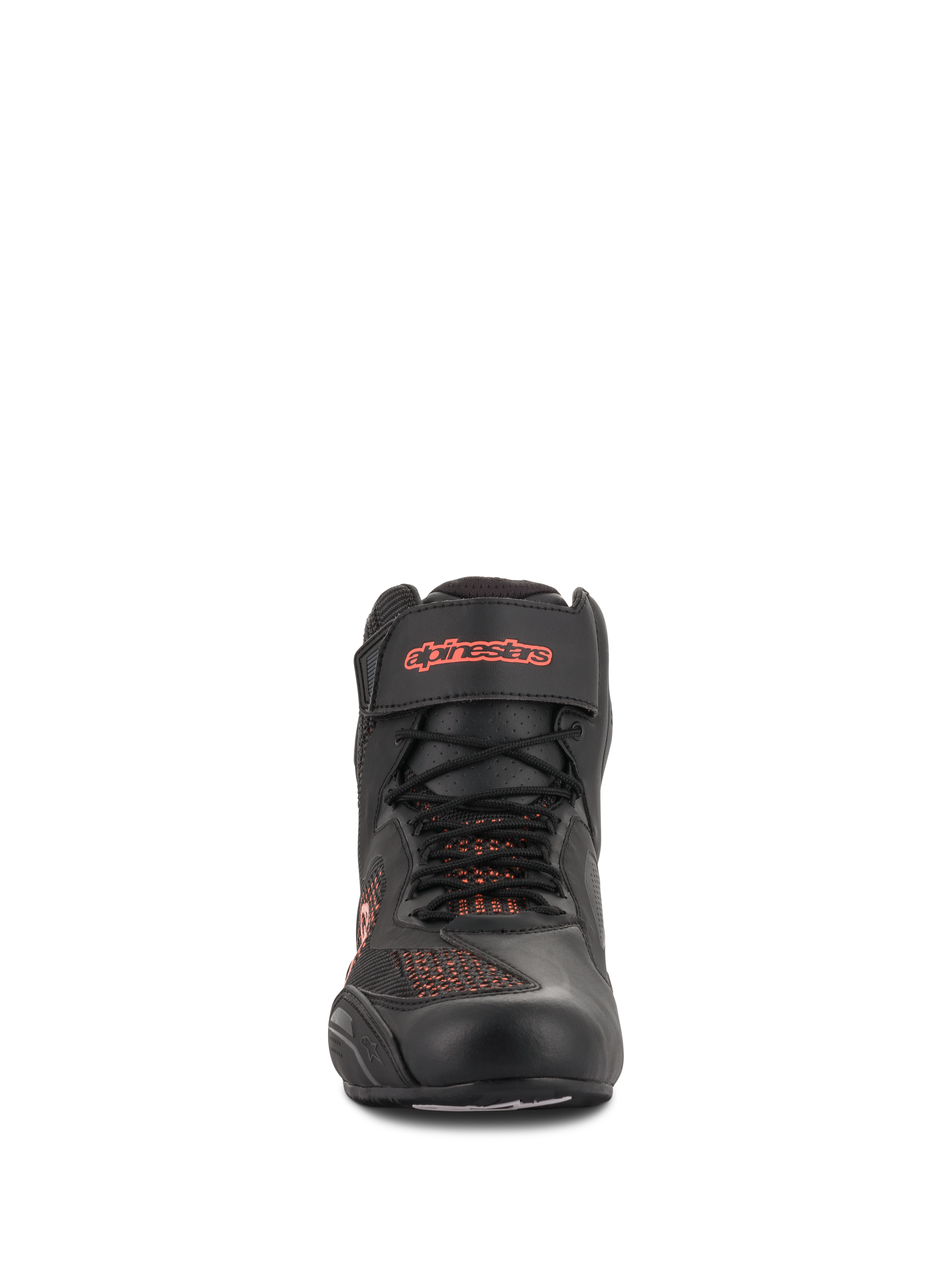 Chaussures Alpinestars Faster-3 Rideknit®, noir et rouge fluo, vue de face, chaussure de moto dotée de panneaux en maille tricotée respirante et d'une sangle de cheville en Velcro avec logo rouge