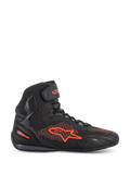 Chaussures Alpinestars Faster-3 Rideknit®, chaussure de moto, noir et rouge fluo, vue de profil latéral, tige en maille respirante et microfibre, logo et marquage Alpinestars rouge fluorescent, chaussure de protection légère pour la conduite sur route et urbaine