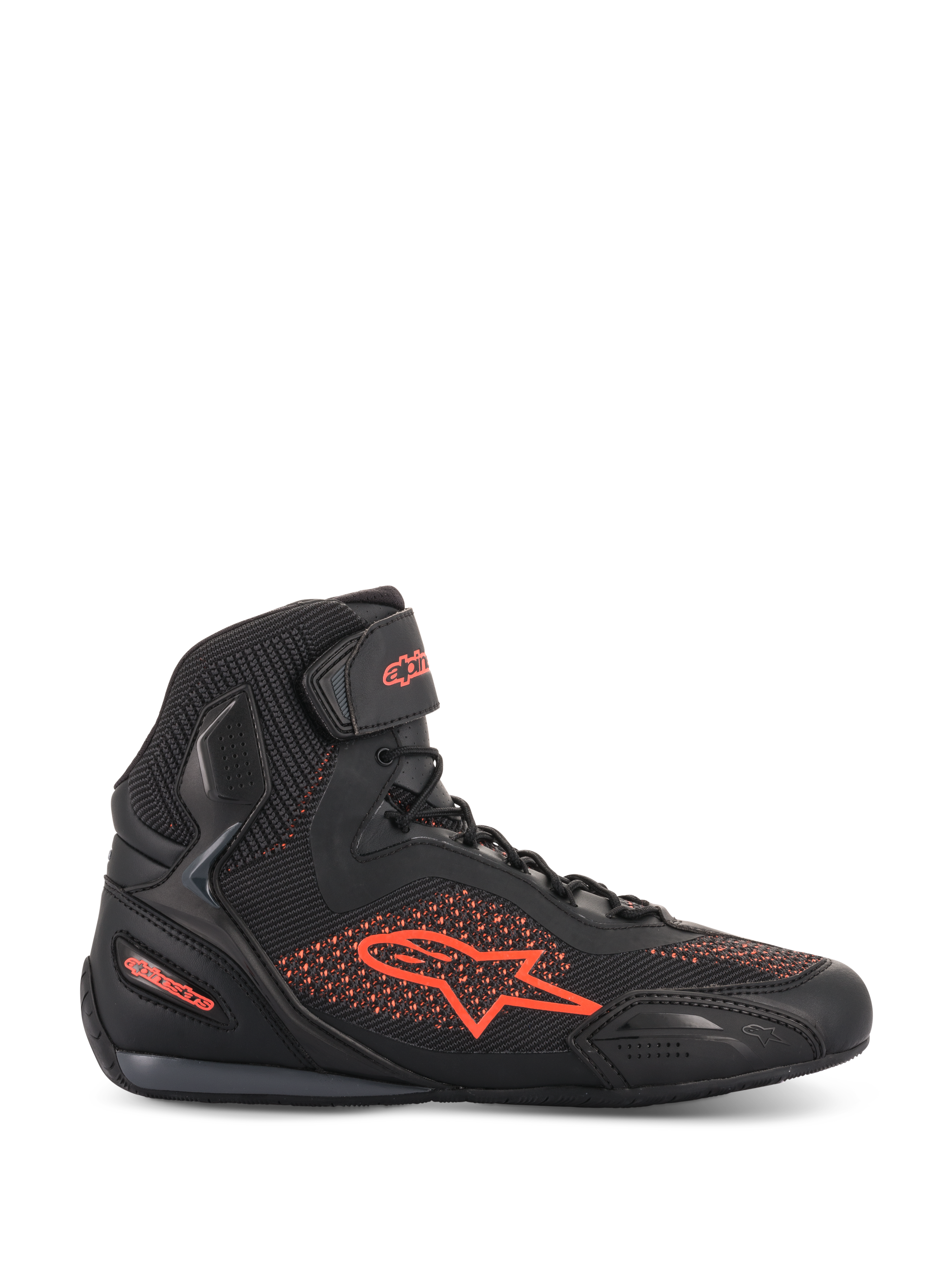 Chaussures Alpinestars Faster-3 Rideknit®, chaussure de moto, noir et rouge fluo, vue de profil latéral, tige en maille respirante et microfibre, logo et marquage Alpinestars rouge fluorescent, chaussure de protection légère pour la conduite sur route et urbaine