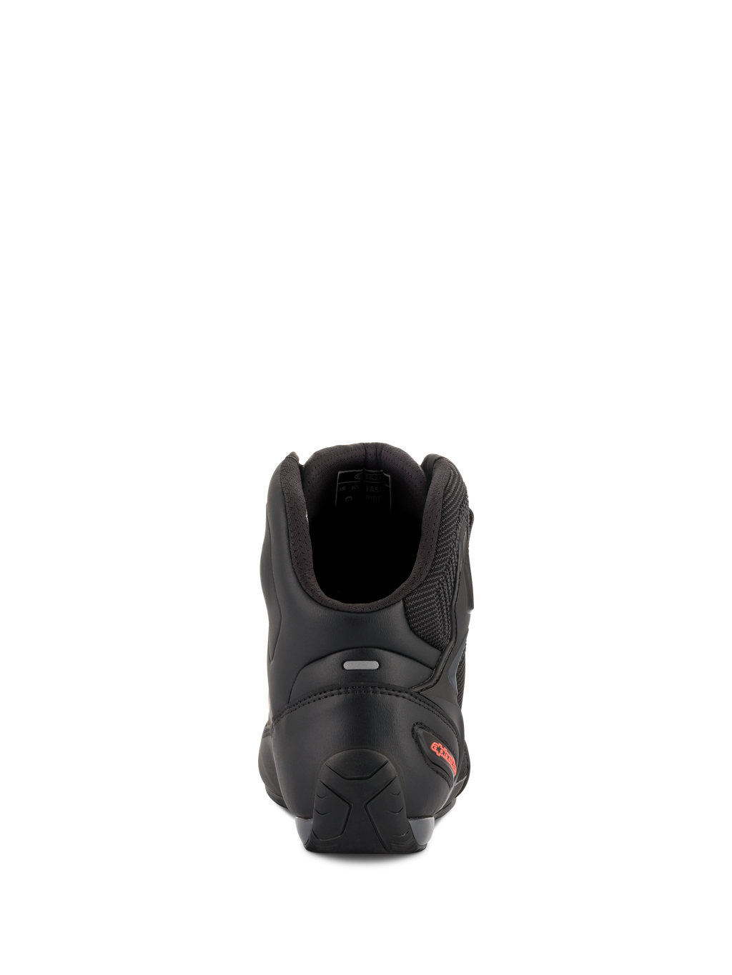 Chaussures Alpinestars Faster-3 Rideknit®, chaussures de moto, noir et rouge fluo, vue arrière mettant en évidence le contrefort de talon en TPR, le col de cheville rembourré et le logo rouge sur le talon.