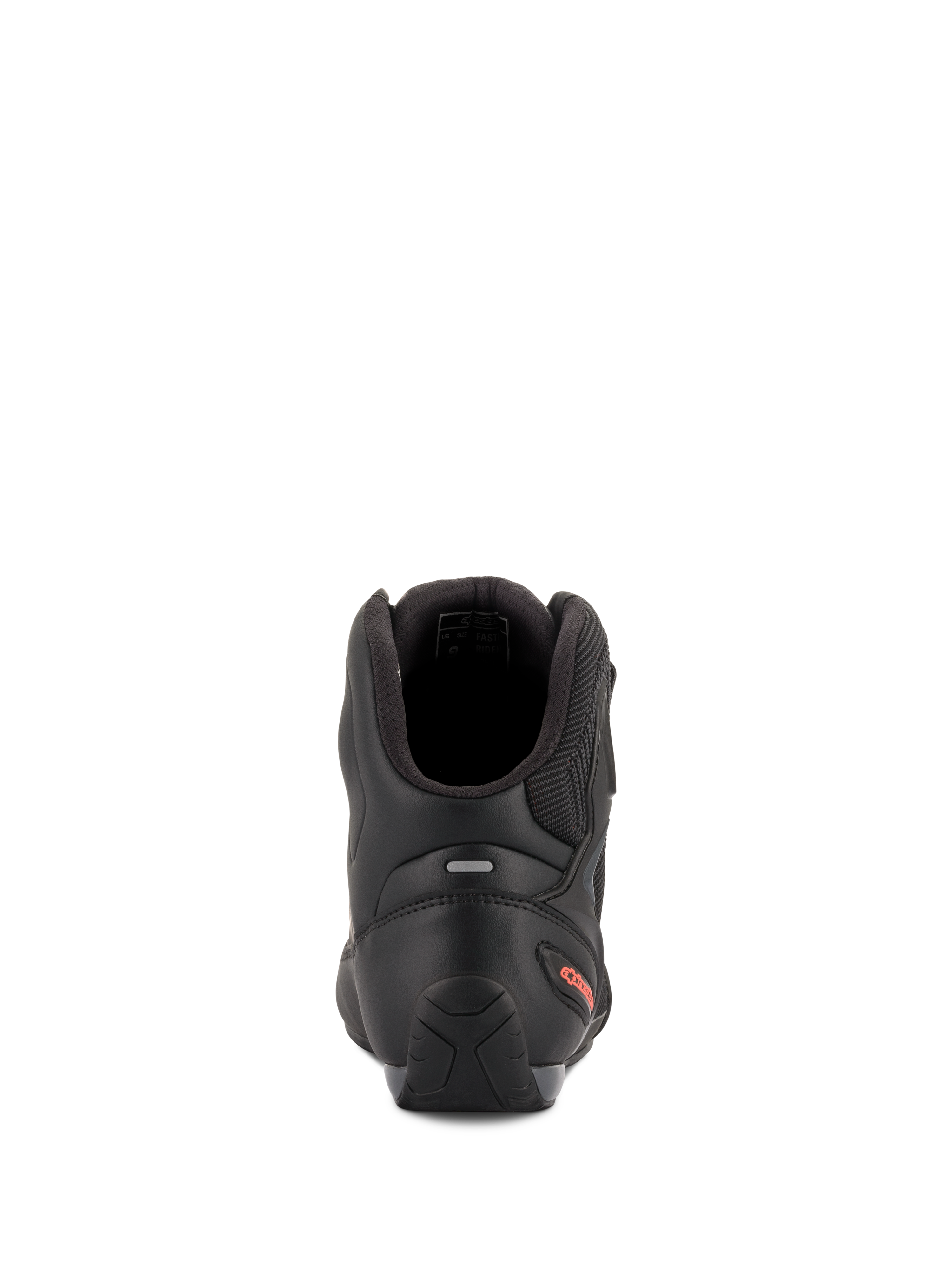 Chaussures Alpinestars Faster-3 Rideknit®, chaussures de moto, noir et rouge fluo, vue arrière mettant en évidence le contrefort de talon en TPR, le col de cheville rembourré et le logo rouge sur le talon.