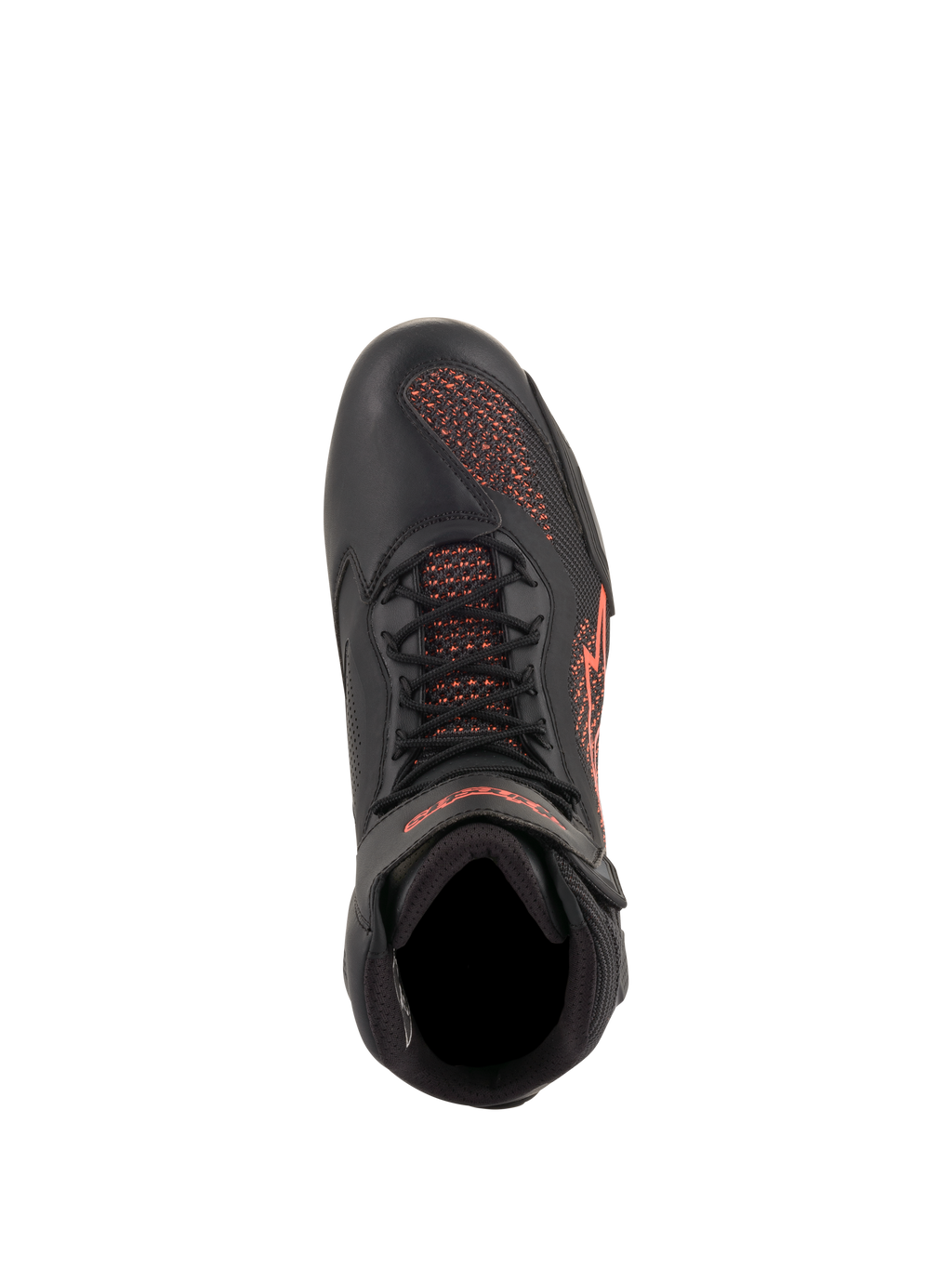 Chaussures Alpinestars Faster-3 Rideknit®, chaussures de moto, noir et rouge fluorescent, vue de dessus, dotées de panneaux en maille respirante et d'une construction en microfibre avec des détails de logo rouges