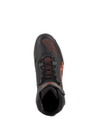 Chaussures Alpinestars Faster-3 Rideknit®, chaussures de moto, noir et rouge fluorescent, vue de dessus, dotées de panneaux en maille respirante et d'une construction en microfibre avec des détails de logo rouges