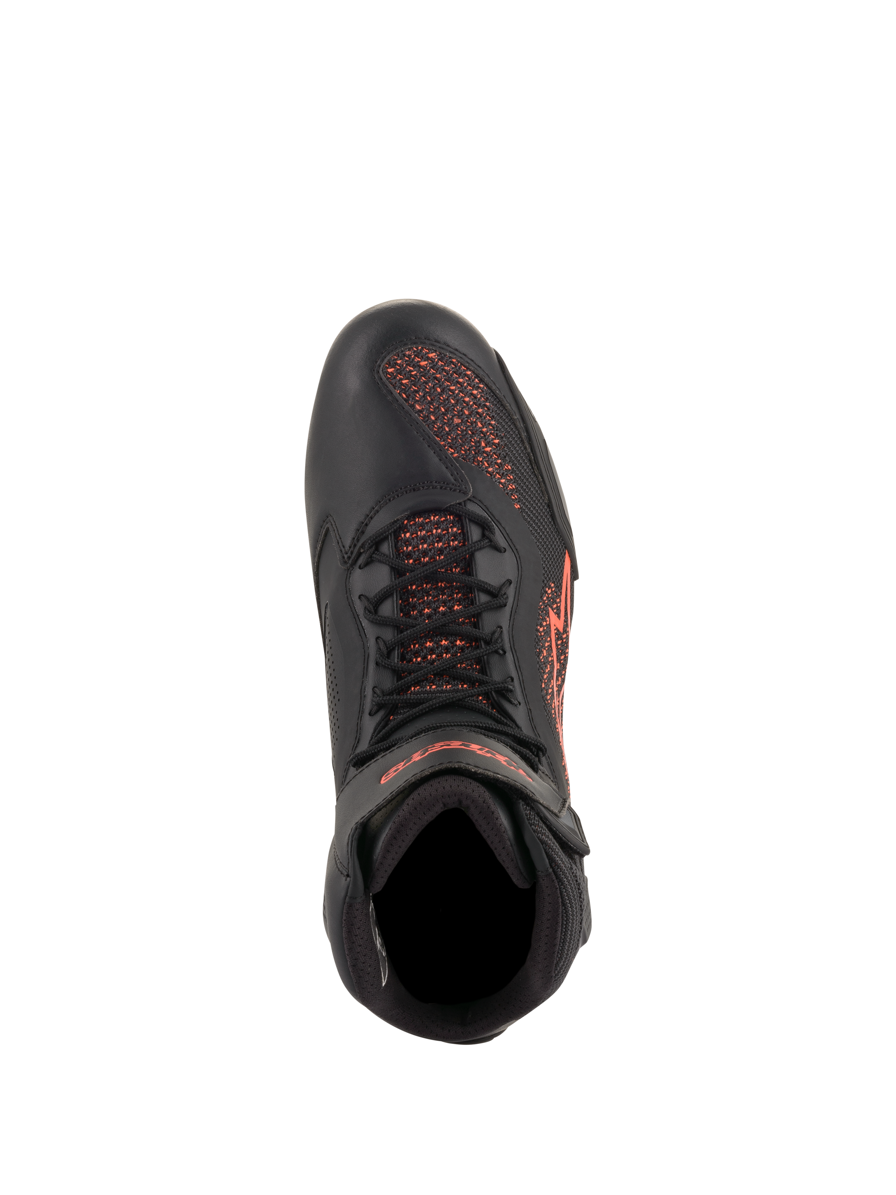 Chaussures Alpinestars Faster-3 Rideknit®, chaussures de moto, noir et rouge fluorescent, vue de dessus, dotées de panneaux en maille respirante et d'une construction en microfibre avec des détails de logo rouges