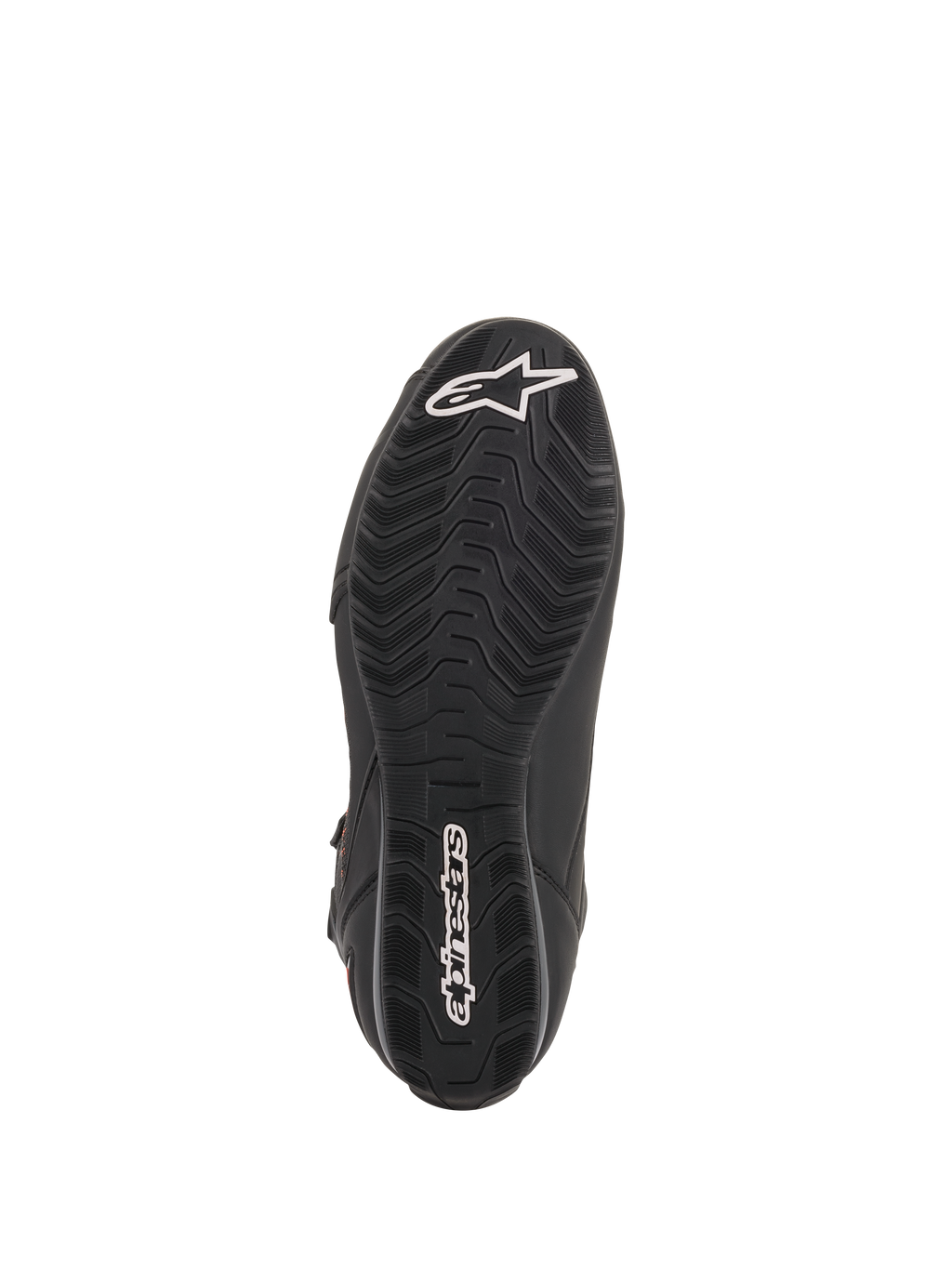Chaussures Alpinestars Faster-3 Rideknit®, chaussures de moto noires, vue de la semelle avec motif d'adhérence texturé et logos Alpinestars blancs sur la pointe et le talon